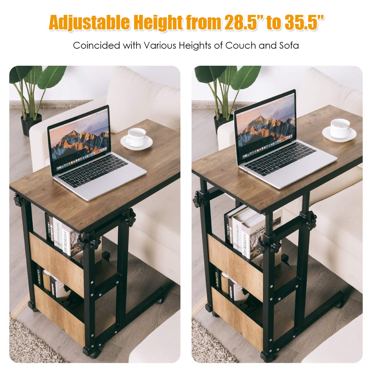 Tangkula Rolling Height Adjustable C-Shaped End Table - Mobile Sofa Side Table with Storage Shelves, Wood Look Accent Furniture for Living Room, Bedroom - Perfect for Coffee, Laptop, Tablet & Snacks While Relaxing on Couch or Bed