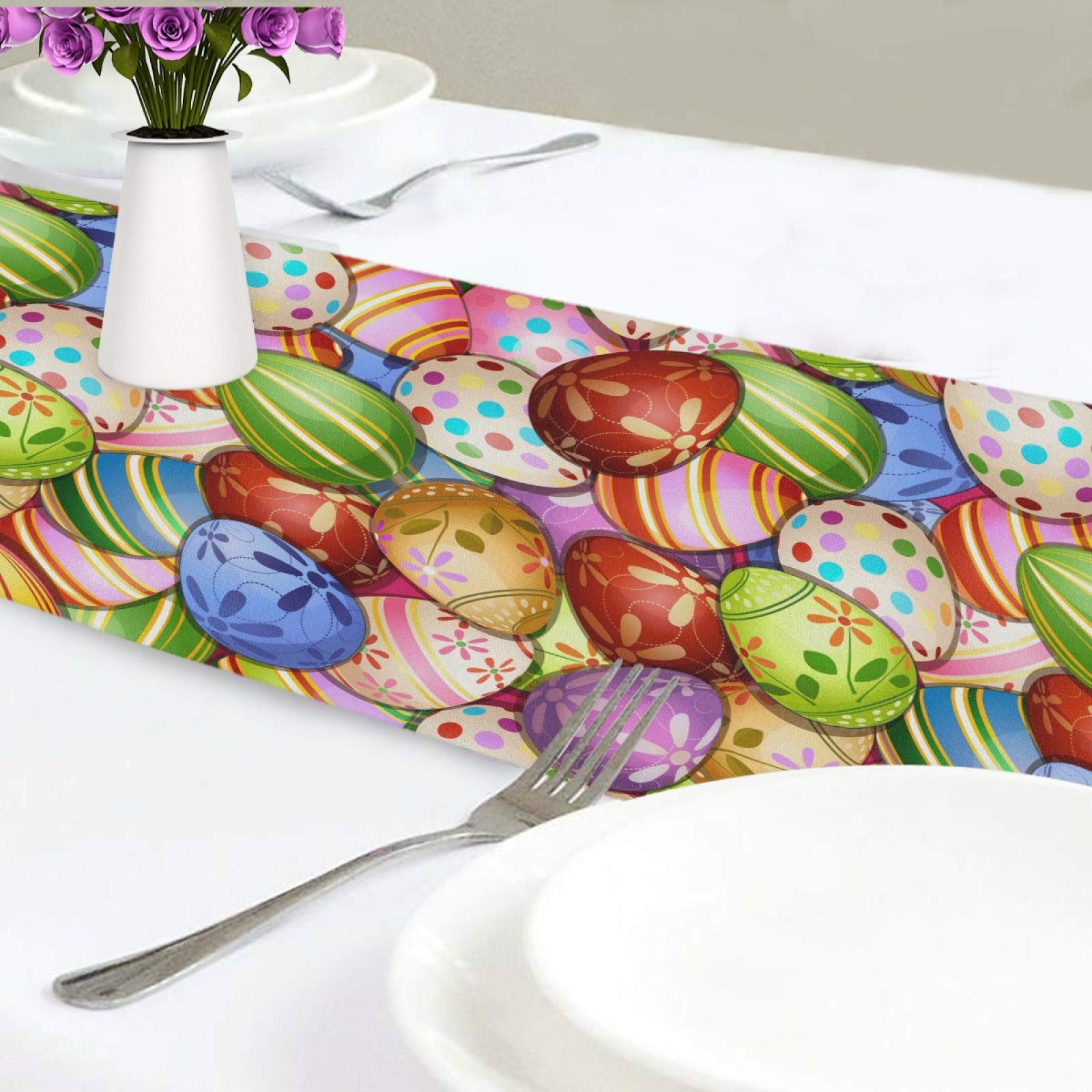 Colorful Easter Egg Table Runner - 70 Inch Floral Double-Sided Printed Washable Tablecloth for Dining Table Decor, Spring Party, Holiday Celebration, Home Decoration