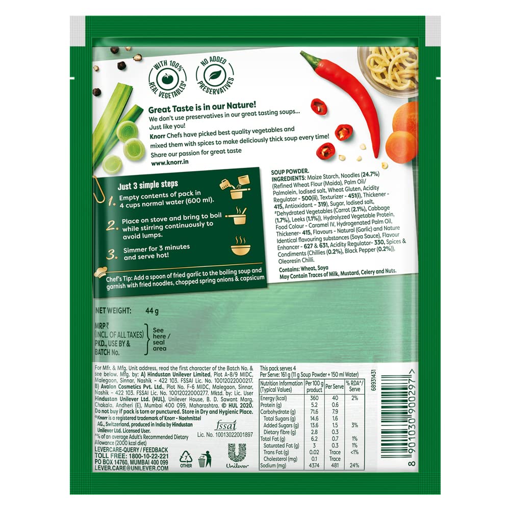 Knorr Hong Kong Manchow Soup with Real Vegetables - 44g/46g (Weight May Vary) | Authentic Chinese Noodle Soup Mix | Quick & Easy Meal Solution for Busy Weeknights, Office Lunches & Asian Food Lovers