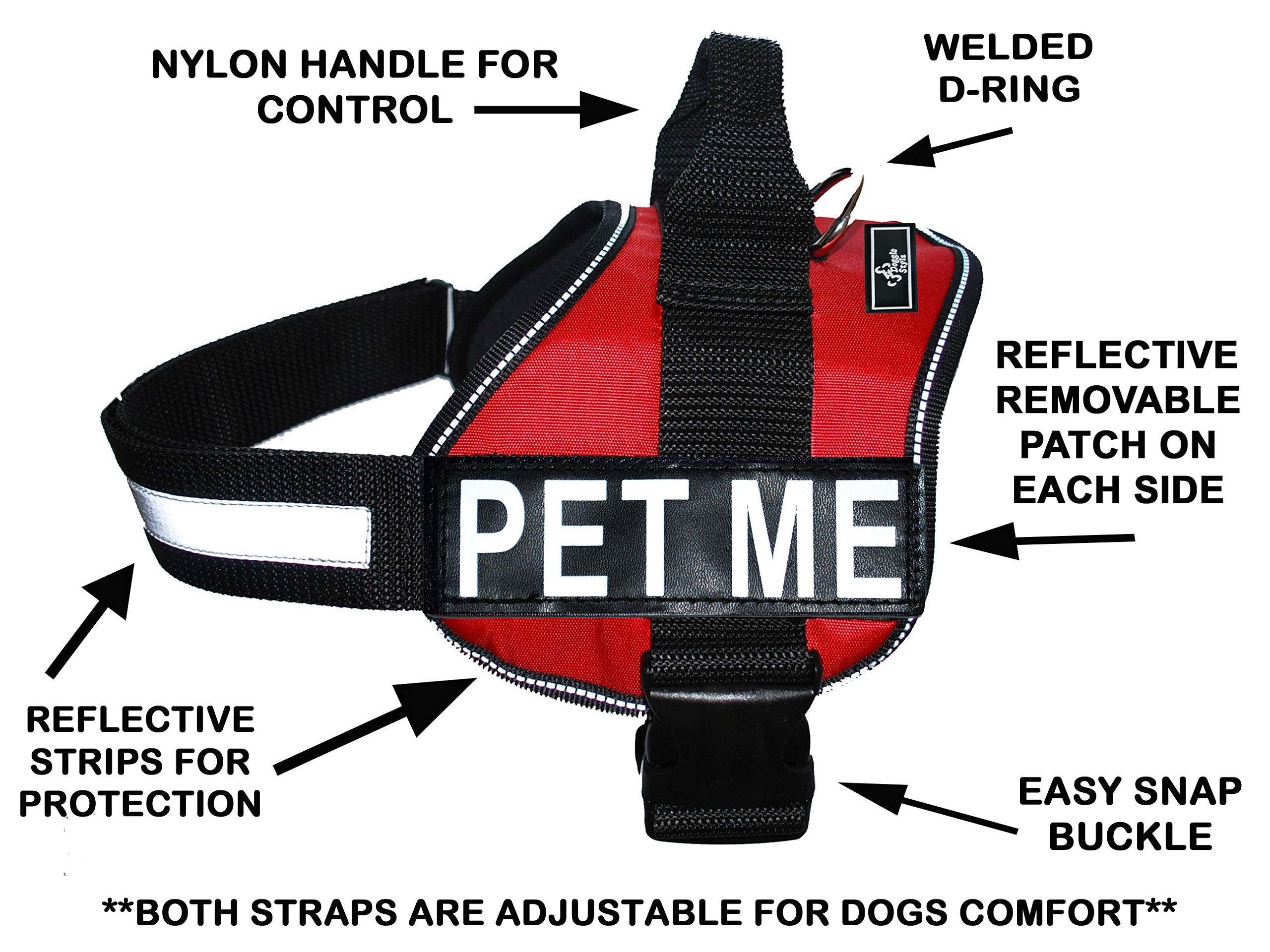 Doggie Stylz Adjustable Dog Harness with Removable Patches & Reflective Trim - Includes 2 PET ME Reflective Hook & Loop Patches (Fits 28
