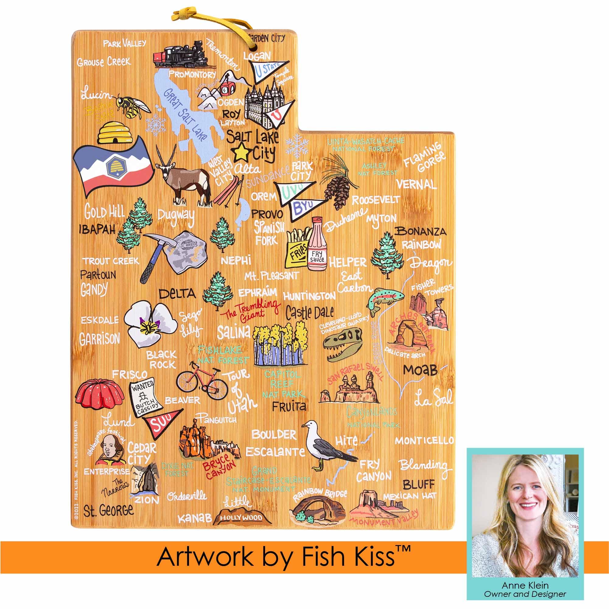 Premium Utah-Themed Wooden Cutting Board with Fish Kiss™ Artwork - Durable Kitchen Essential for Chopping, Serving & Home Decor