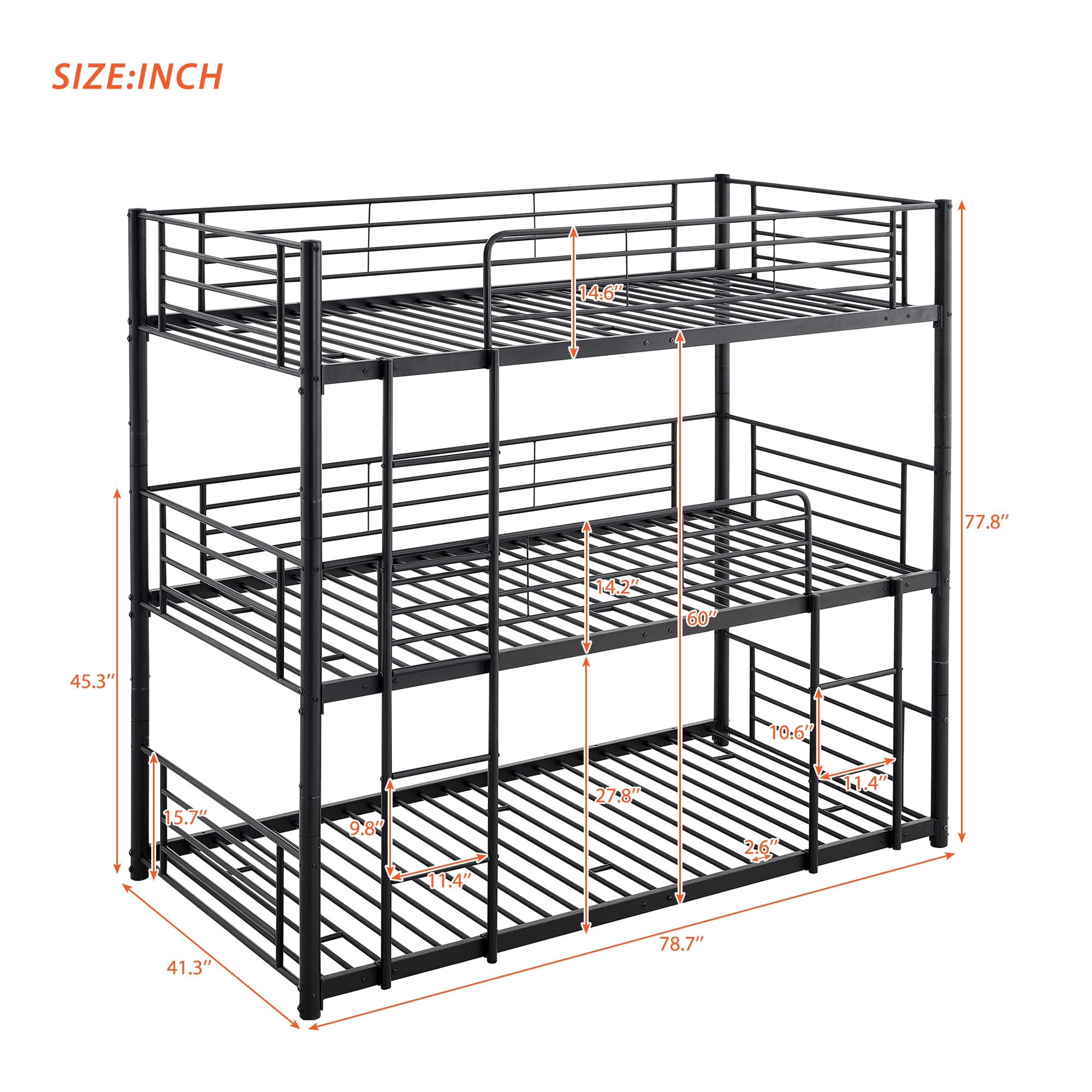 JULYFOX Black Metal Triple Bunk Bed Frame - Twin Over Twin Over Twin with Ladders, No Box Spring Needed, 3-in-1 Space Saving Platform Bed for Kids | Perfect for Small Bedrooms, Dormitories & Vacation Homes