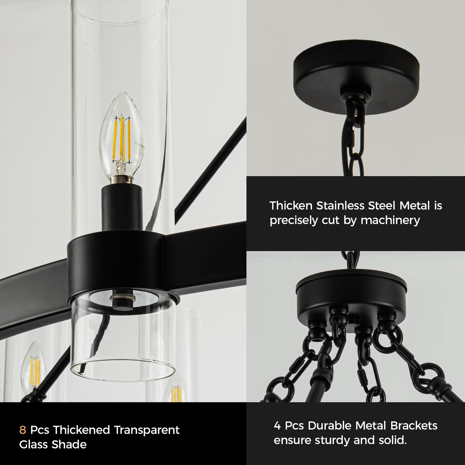 MAYNA 26 Inch Black Wagon Wheel Chandelier with Glass Shade - 8 Light Modern Farmhouse Ceiling Light Fixture for Dining Room, Kitchen, Entryway - Perfect for Rustic Home Decor & Country Style Interiors