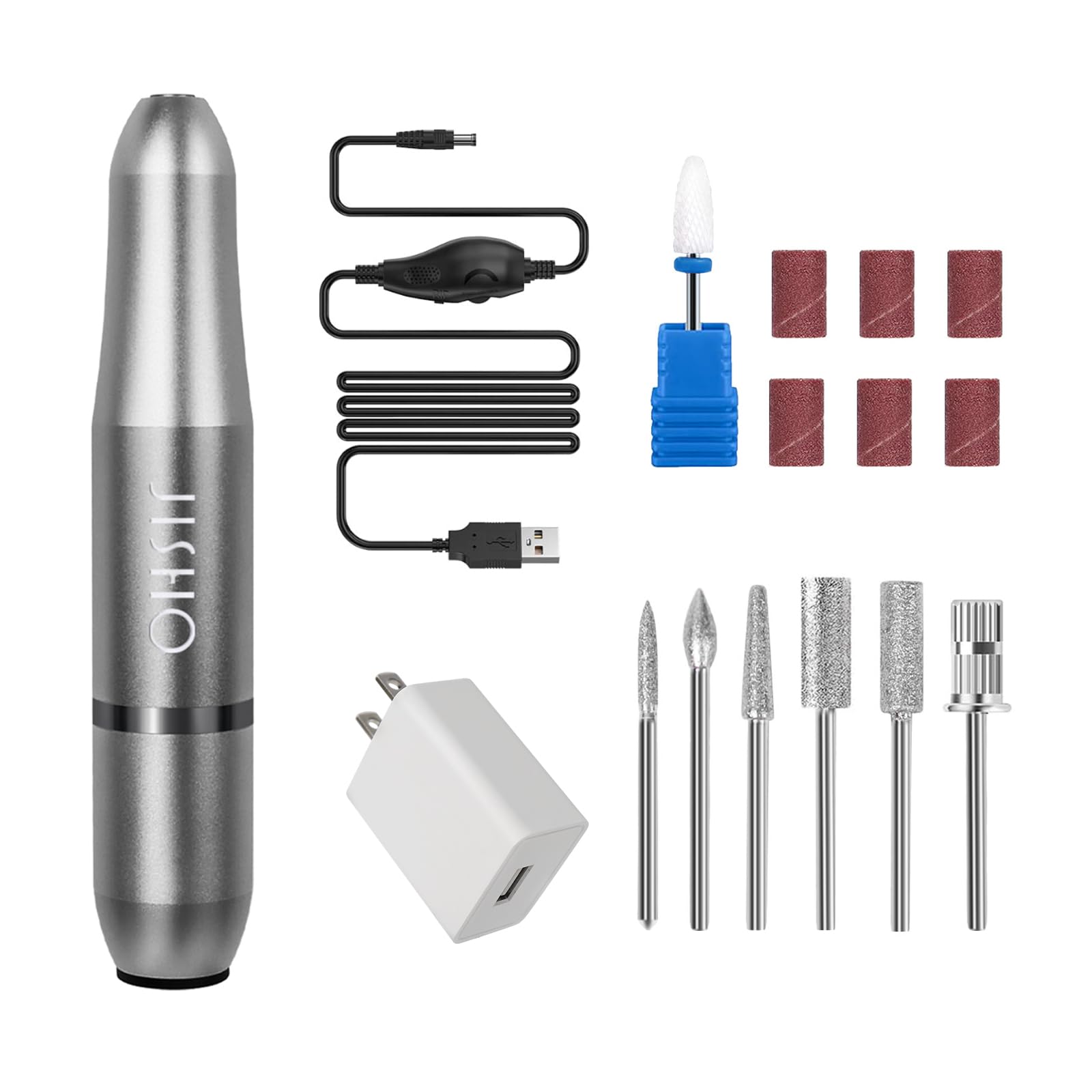 JISHO Professional Electric Nail Drill Machine - 25000 RPM Adjustable Speed, Corded Nail File with Ceramic Bits for Acrylic Nails, Gel & Manicures - Portable Design for Home & Salon Use (Gray) - Perfect for Beginners & Nail Technicians