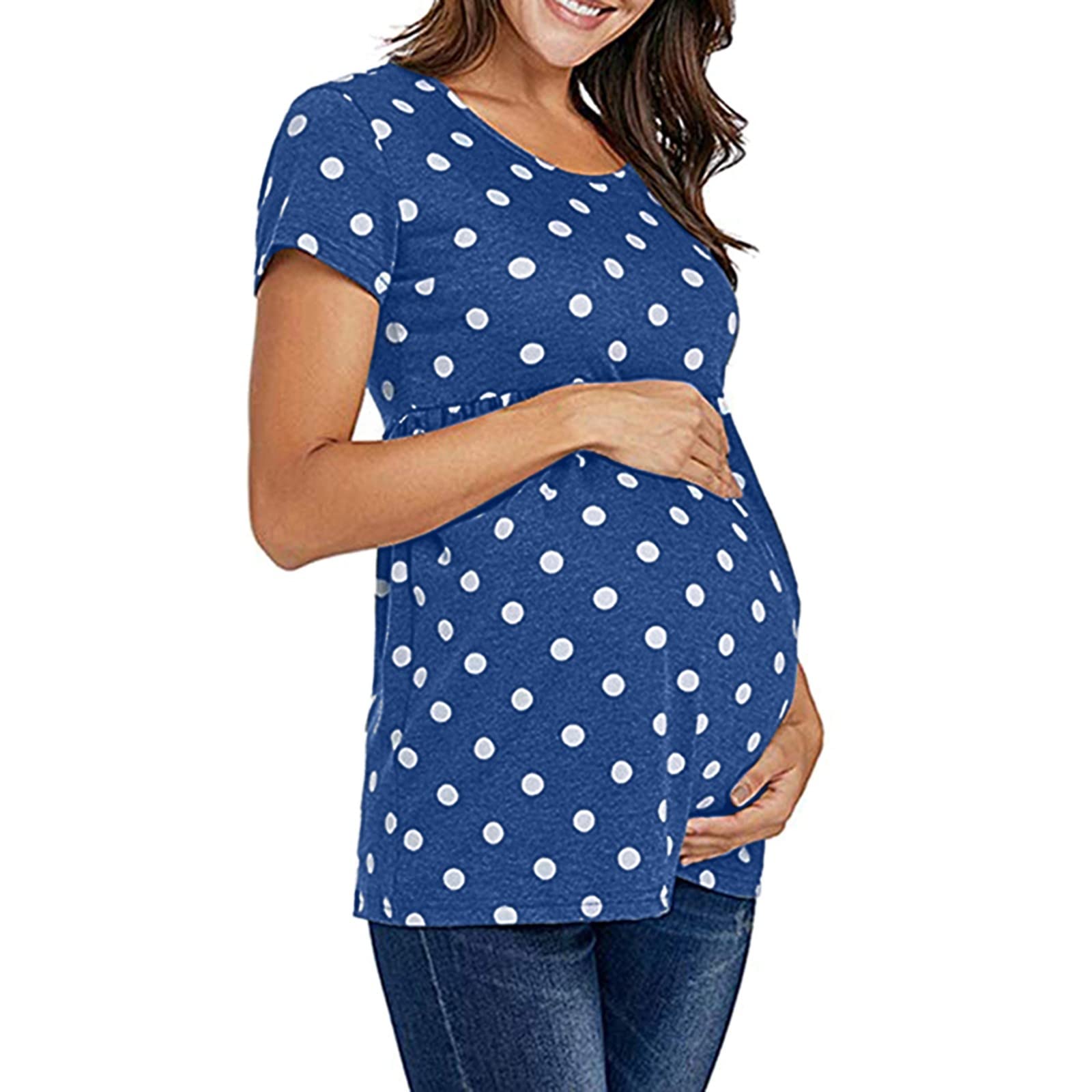 **Women's Maternity Casual Short Sleeve Dot Print T-Shirt - Cute Funny Pregnancy Top for Everyday Wear, Nursing & Maternity Photos**