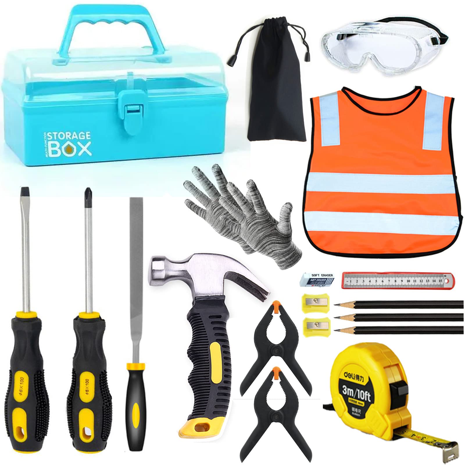 **20Pcs Kids Construction Tool Set with Blue Toolbox & Safety Gear – Beginner Woodworking Tools, STEM Educational Gift for Boys & Girls – Perfect for DIY Projects & Pretend Play**