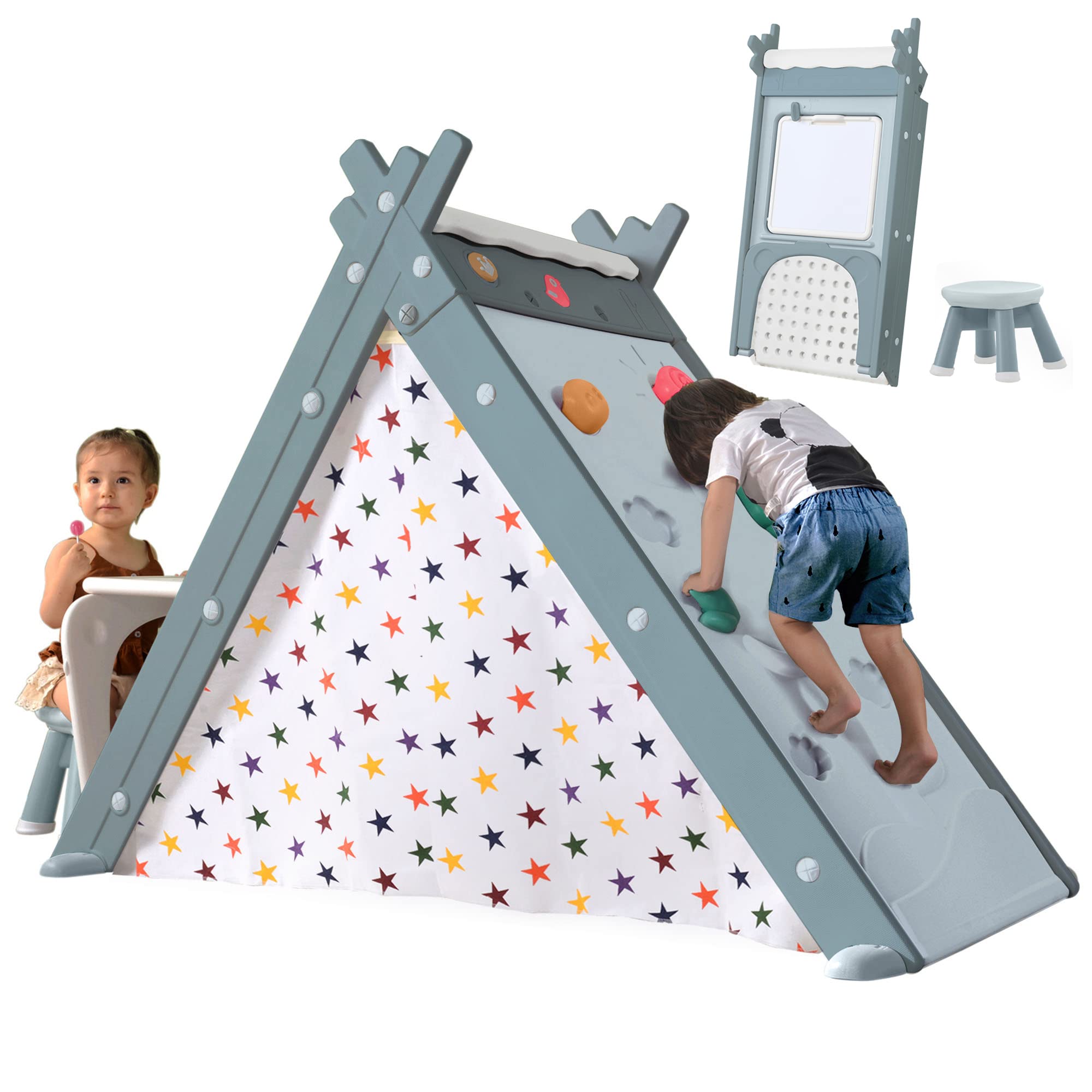 Merax 4-in-1 Foldable Triangle Climber & Play Tent Set with Art Easel & Stool - Montessori Climbing Toy for Toddlers 1-5 Years - Indoor/Outdoor Kids Activity Gym (Gray Blue) | Perfect for Playrooms, Backyards & Preschool Learning