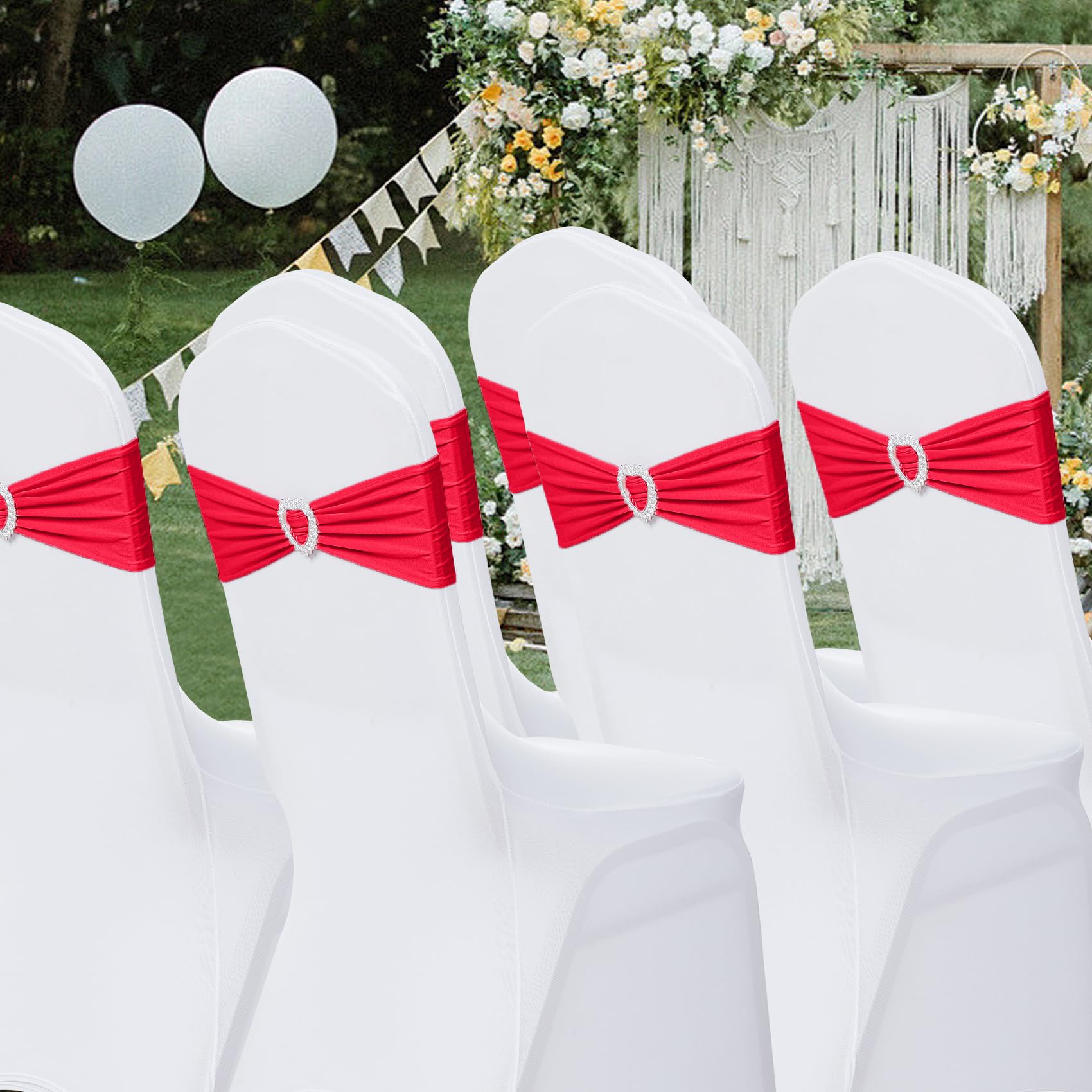 Howhic 60-Pack Spandex Chair Sashes with Buckle Slider - Stretchable Elastic Chair Covers for Wedding, Banquet, Party & Event Decorations (Ruby Red) - Perfect for Bridal Showers, Birthday Parties & Venue Decor