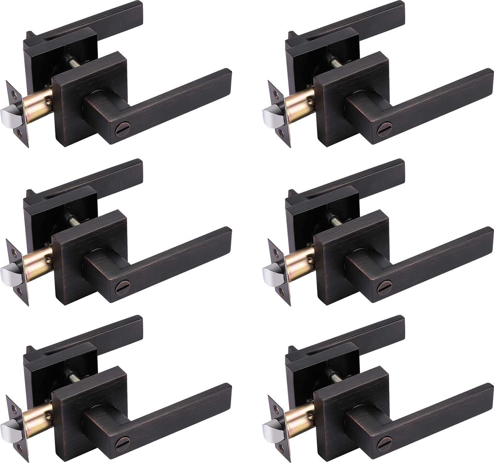 6 Pack Oil Rubbed Bronze Privacy Door Lever with Lock - Heavy Duty Keyless Door Handle Set for Bedroom & Bathroom Doors - Modern Left/Right Handed Design for Home, Office & Apartment Security