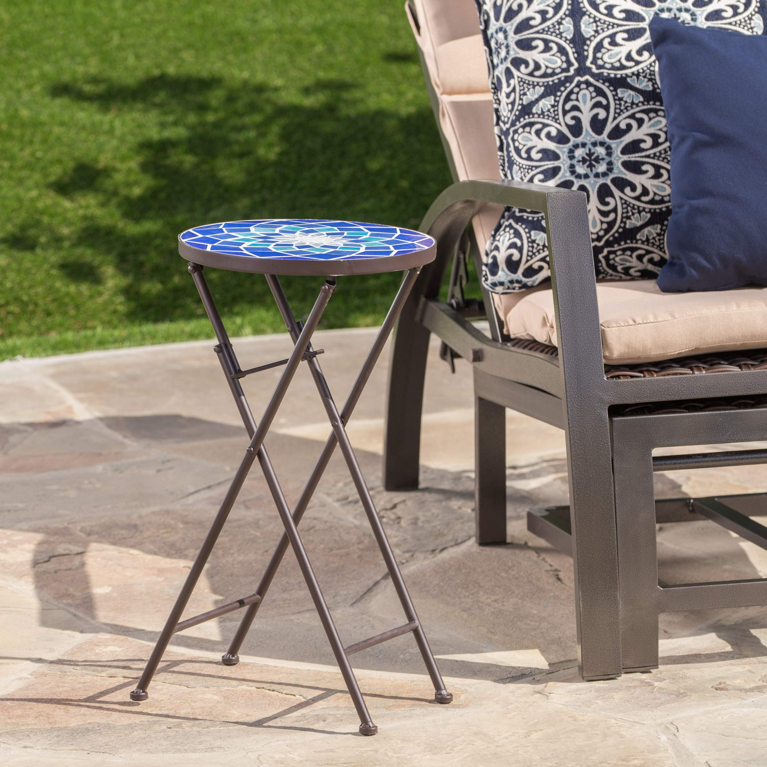 Christopher Knight Home Azure Outdoor Glass Side Table with Iron Frame - Blue & White - Perfect for Patio, Poolside, or Garden Decor
