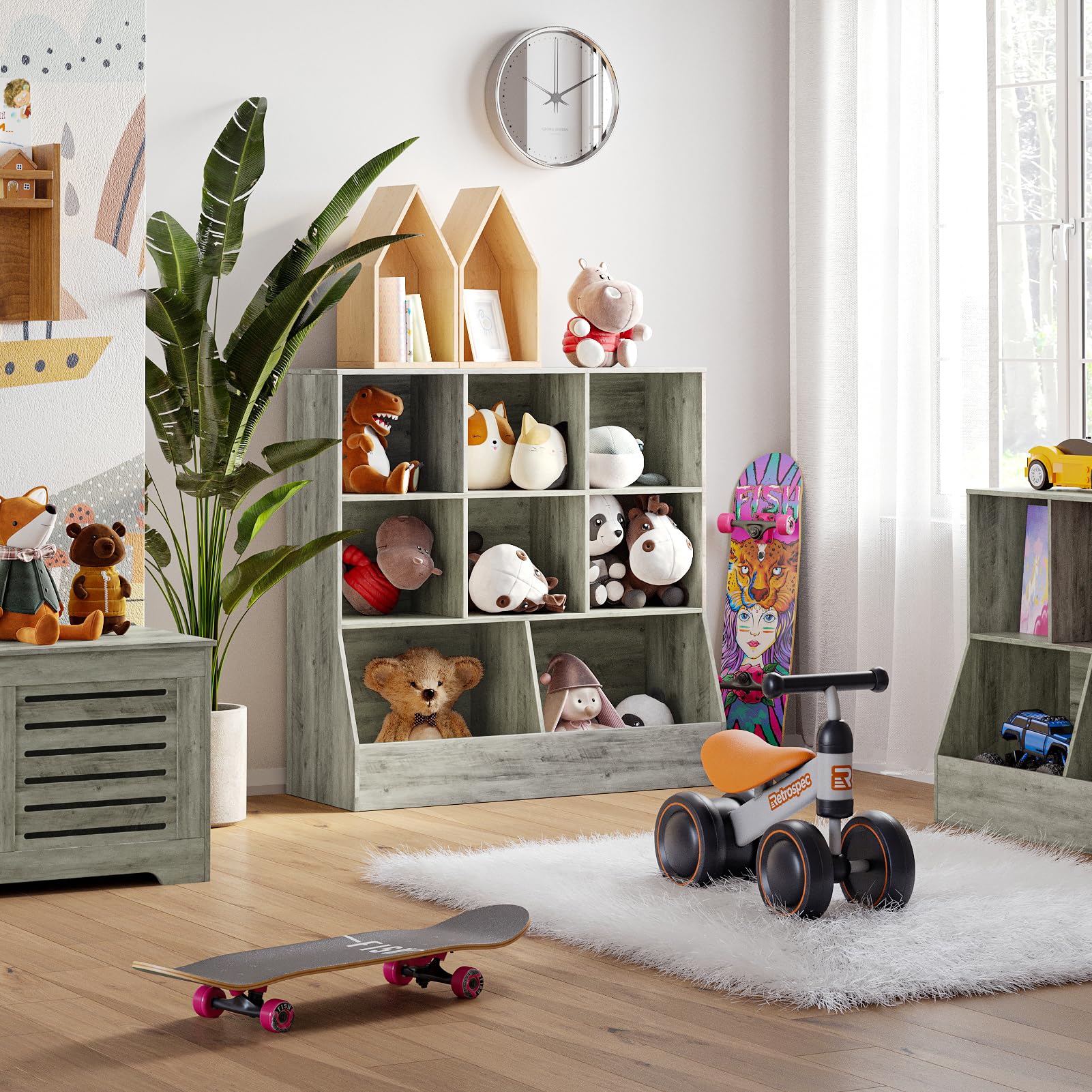 DINZI LVJ Wooden Toy Storage Organizer & Kids Bookshelf - 8-Cubby Bookcase for Toys & Books - Gray Wash 35.4
