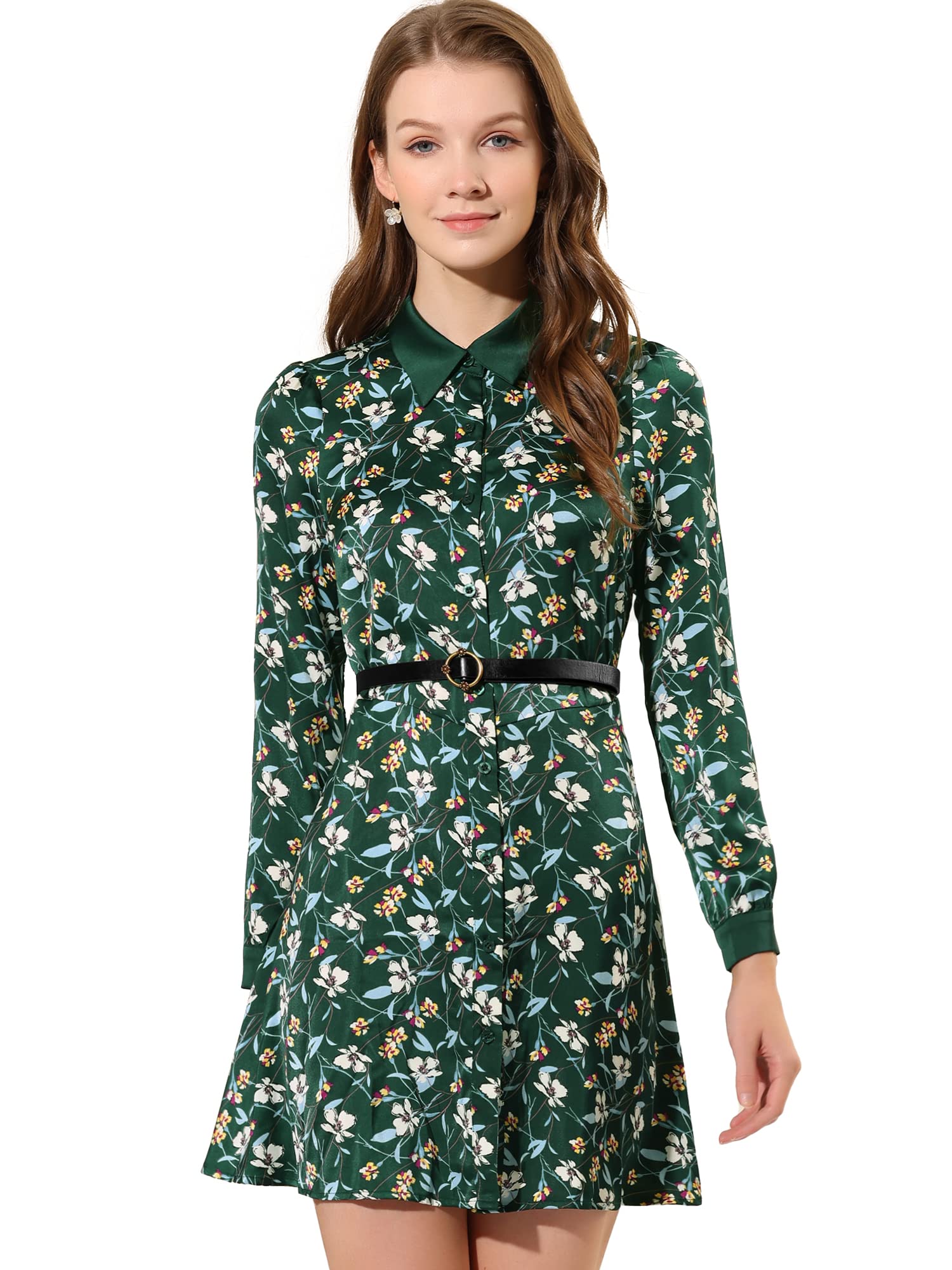 Allegra K Women's Floral Satin Long Sleeve Belted Button Down Dress for Spring & Fall | Elegant Office Wear & Special Occasion Outfit