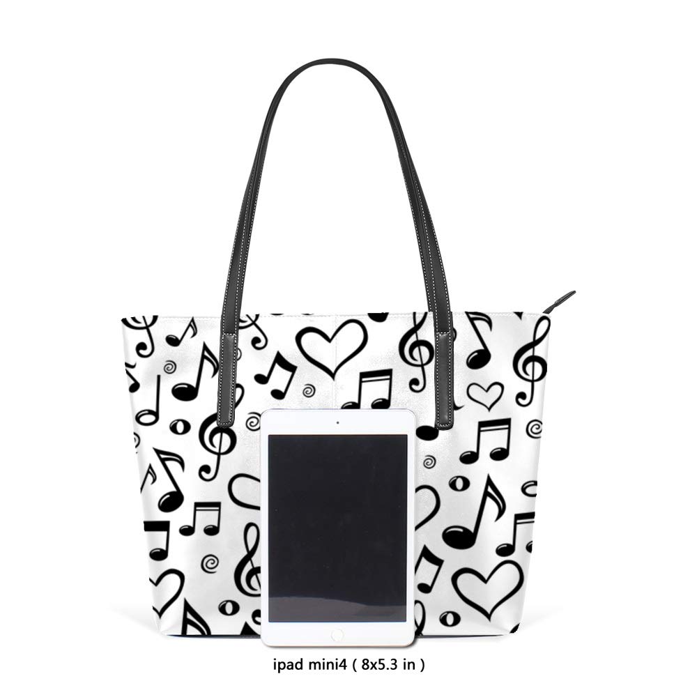 Stylish Women's Leather Shoulder Tote Bag - Large Black Work Bag with Musical Note Design - Perfect for Office, Travel & Casual Everyday Use