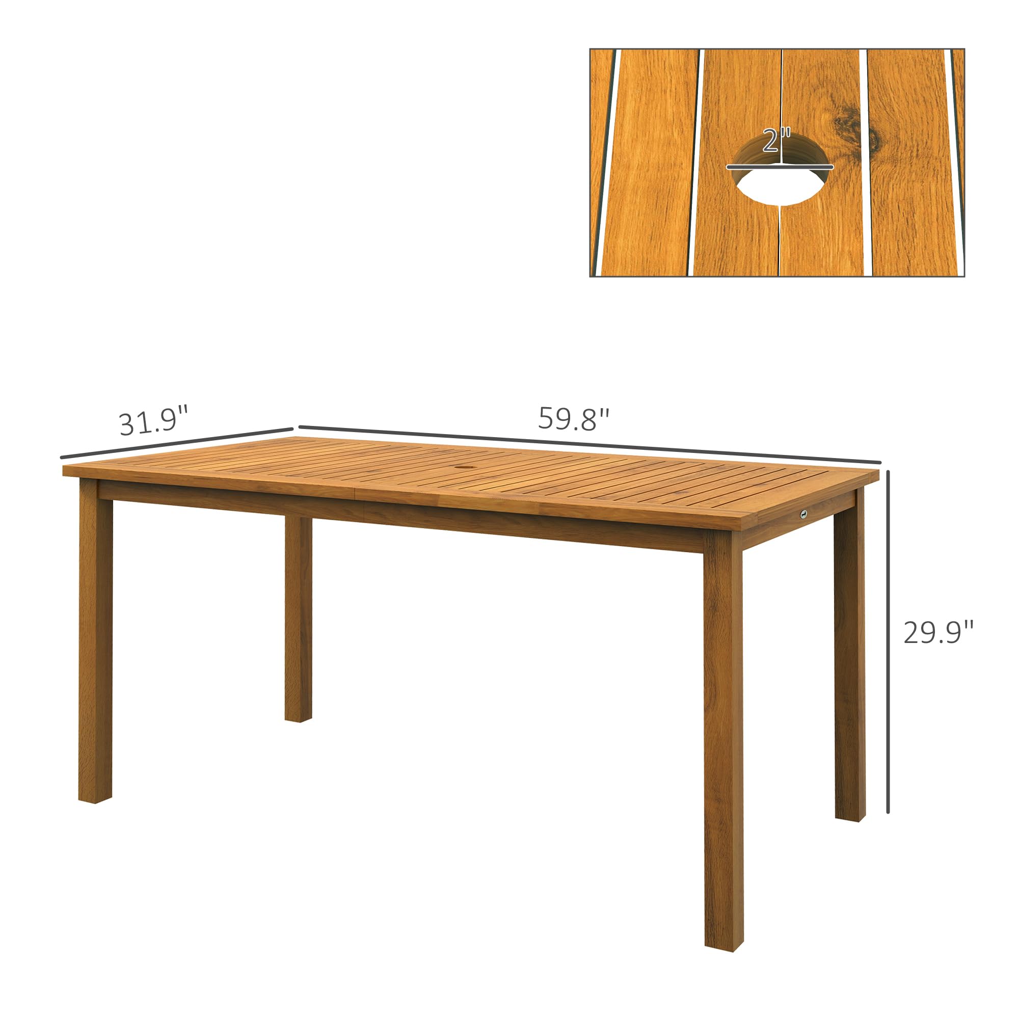 Outsunny 6-Person Rectangle Patio Dining Table with Umbrella Hole - Acacia Wood Outdoor Table for Garden, Backyard, Deck - Perfect for BBQs, Family Gatherings & Outdoor Entertaining