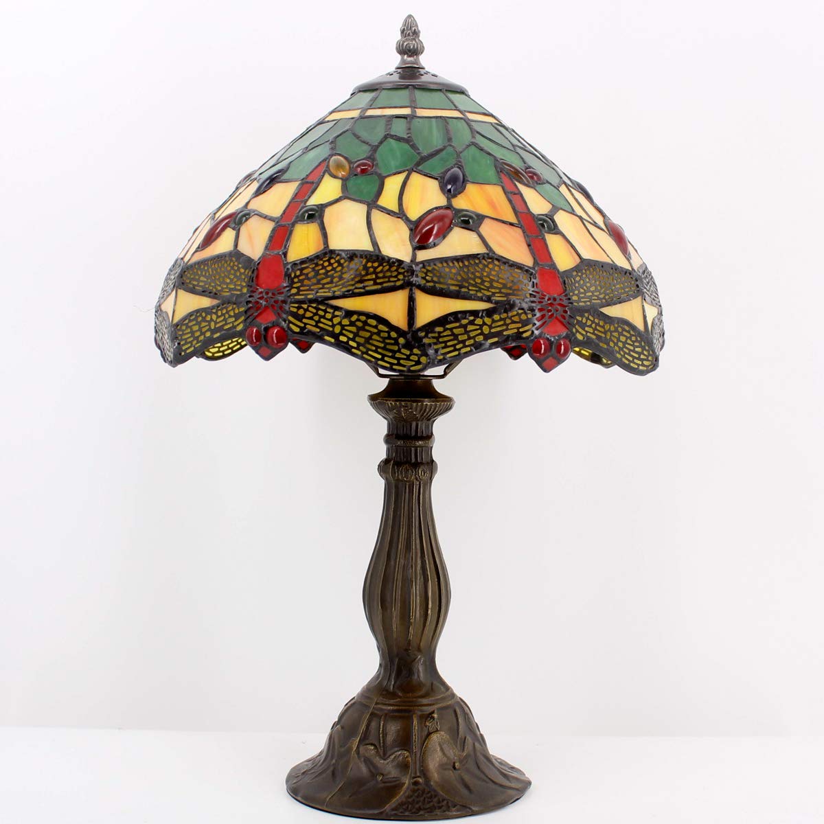 WERFACTORY Tiffany Style Dragonfly Table Lamp - 12x12x18 Inch Stained Glass Bedside Light in Green & Yellow (S009G Series) - Perfect for Bedroom, Living Room, Home Office Decor & Reading