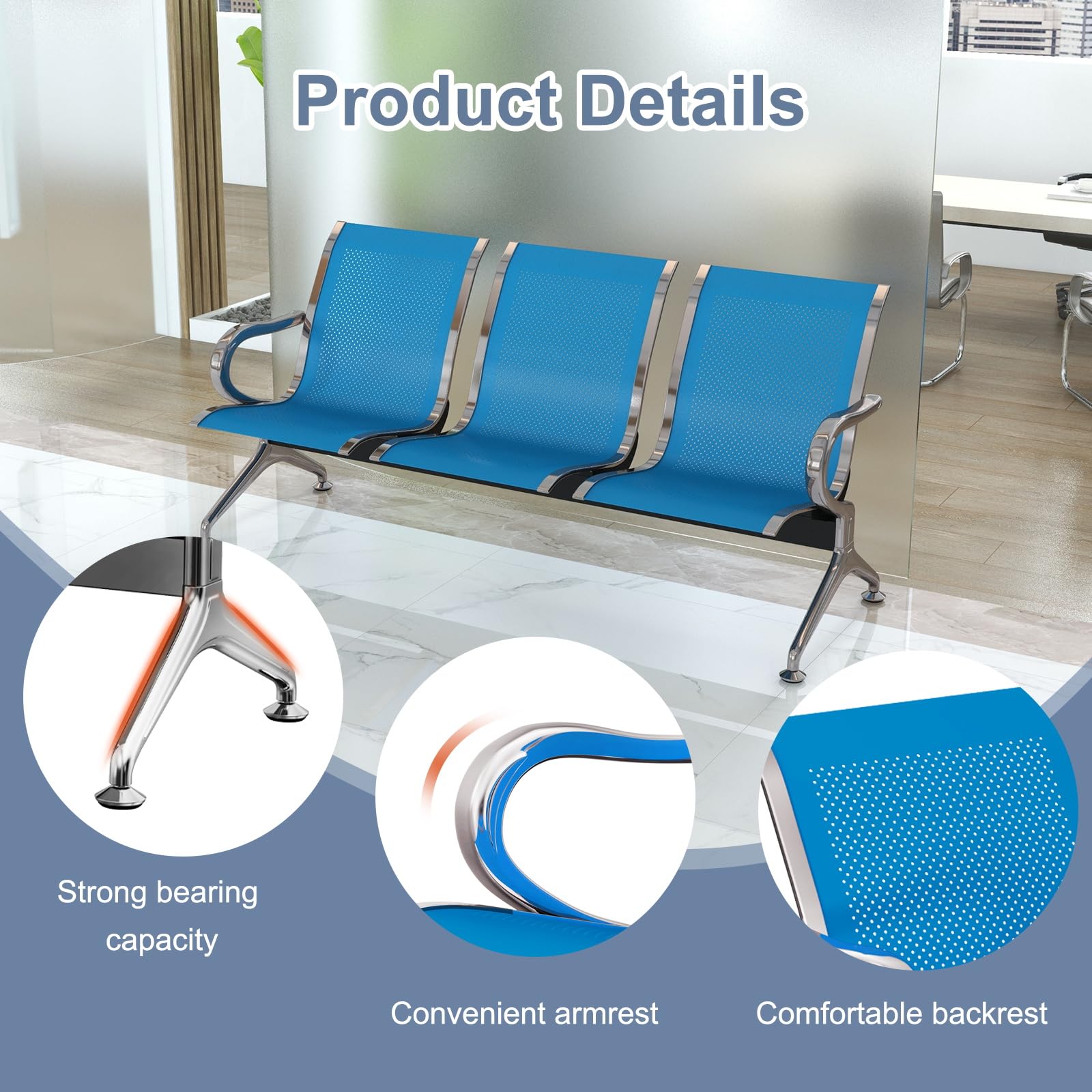 Kinbor Reception Bench with Arms - Durable Waiting Area Seating for Airport, Office, Bank, Hospital & Barbershop - Perfect for Lobbies, Waiting Rooms & Public Spaces