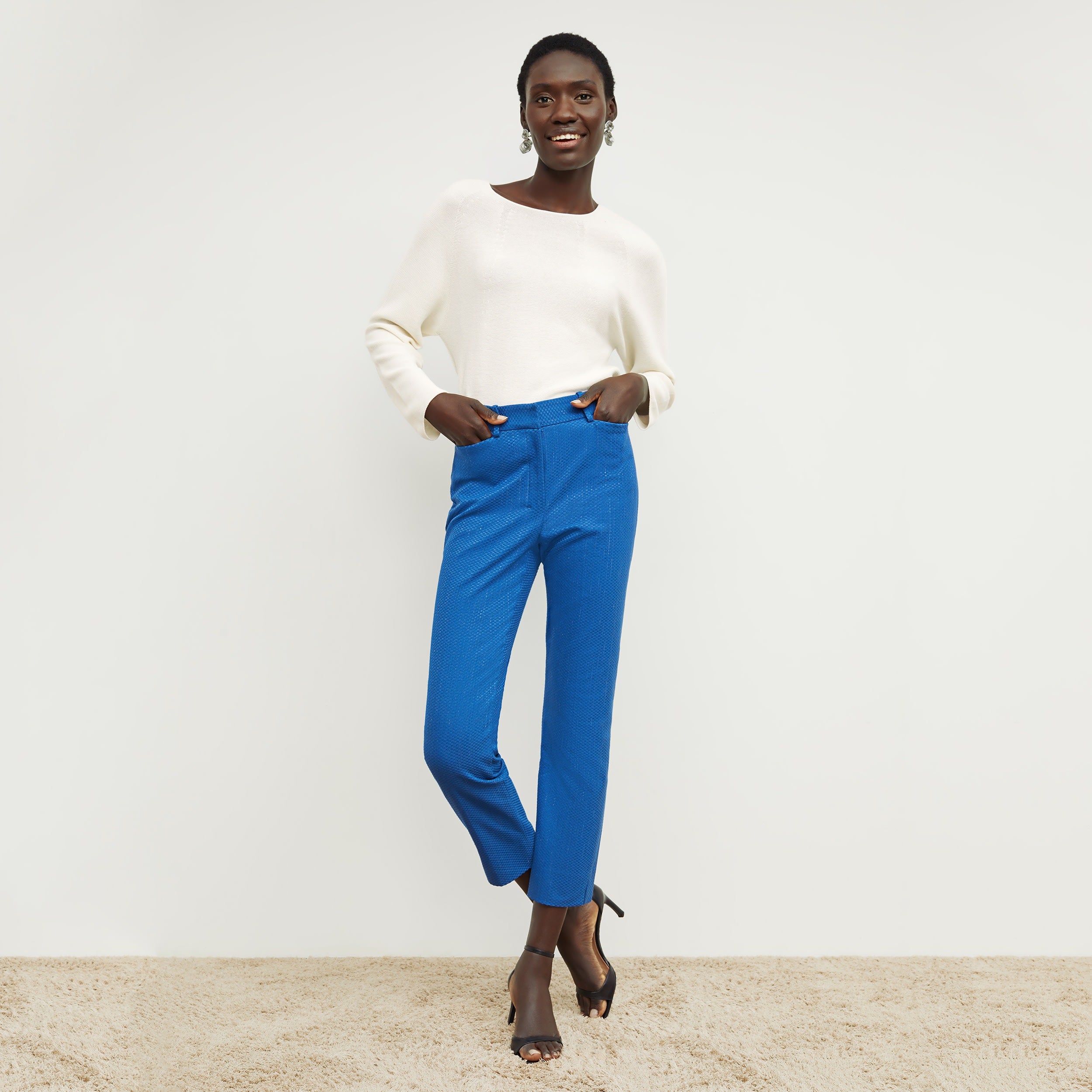 Condesa Pant Basketweave Jacquard Pants in Azure Blue - Elegant High-Waisted Trousers for Women | Perfect for Office Wear, Cocktail Parties & Special Occasions