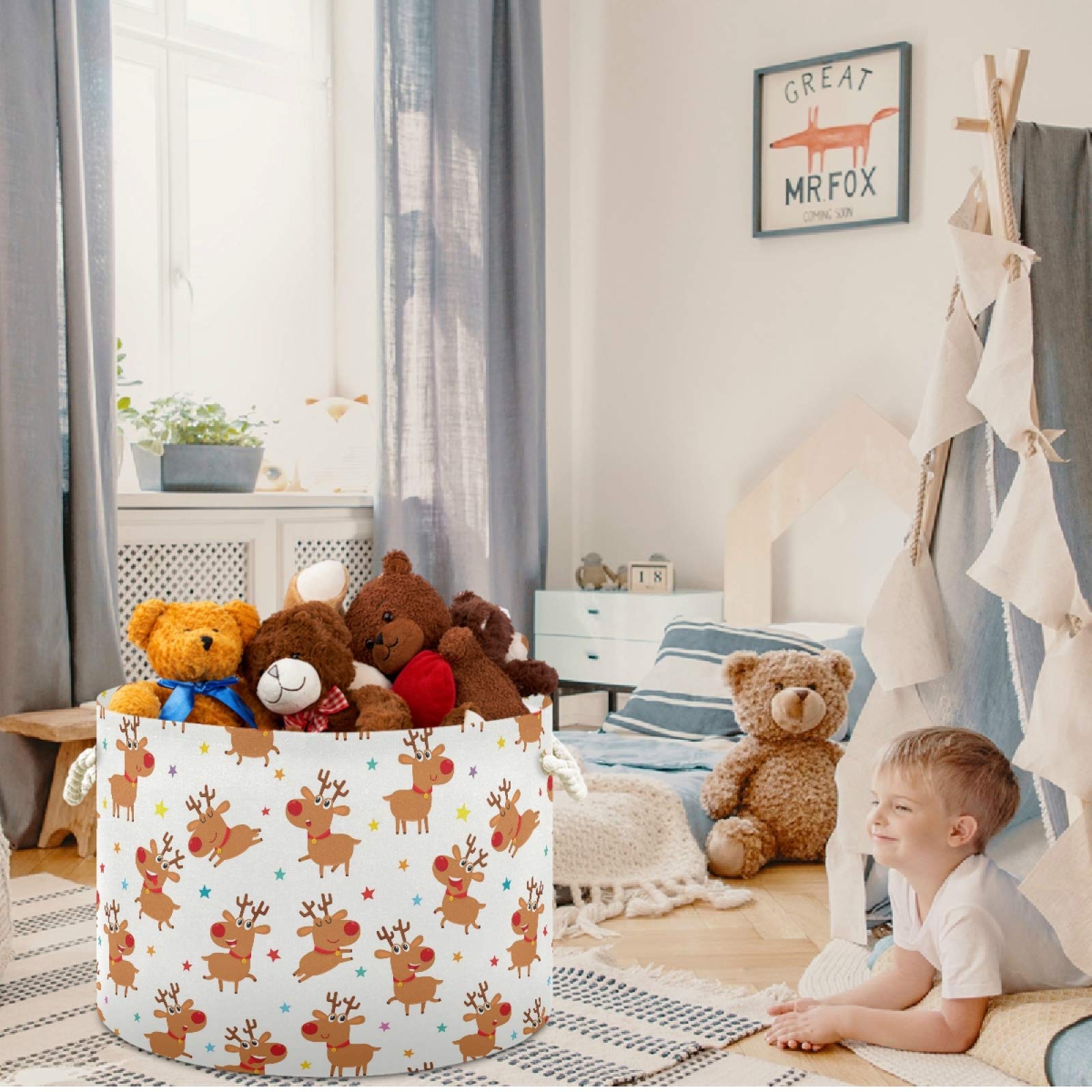 Visesunny Cute Christmas Deer Nursery Storage Basket - Canvas Fabric Toy Organizer Bin, Laundry Hamper for Kids Room, Playroom, Shelves | Perfect for Holiday Decor & Toy Storage