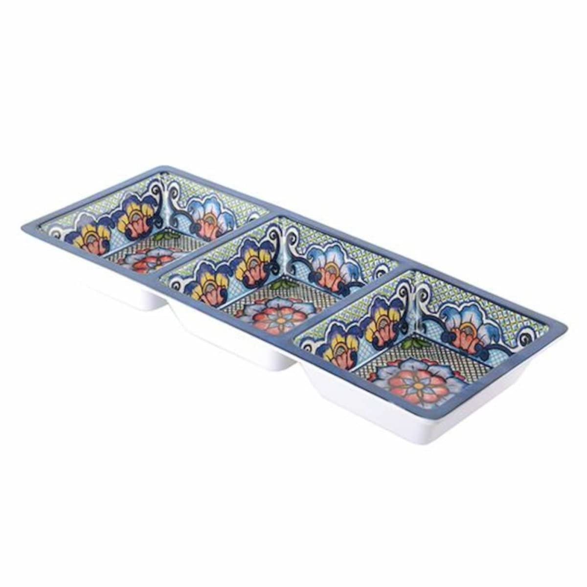 Prepara 3-Tray Organizer with Three Sections - Blue Azteca Design for Kitchen, Office & Craft Storage | Multi-Purpose Plastic Bins for Utensils, Supplies & Small Items