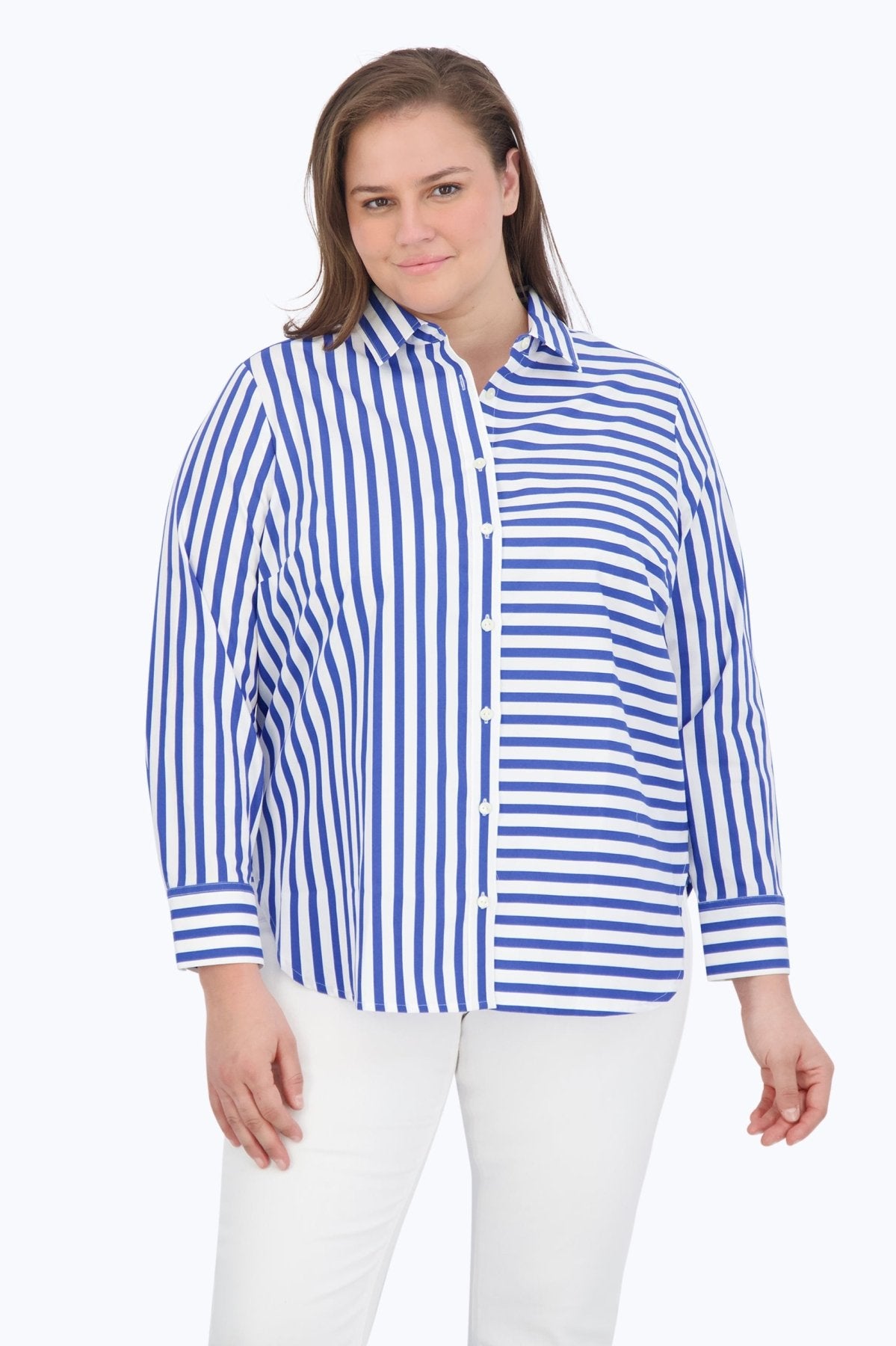 Meghan Plus Gingham Stripe Long Sleeve Shirt for Women | Casual Button Down Top for Office, Date Night & Spring Outfits