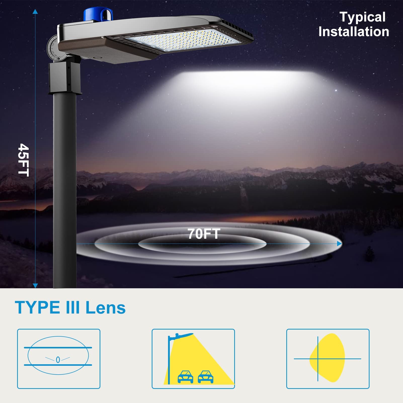 320W LED Parking Lot Lights 48000lm (150Lm/W) - Smart Dusk to Dawn Outdoor Pole Lights with Slipfitter Mount - Energy Efficient Commercial Lighting for 30~50ft Height - 2 Pack with 7 Year Warranty - Ideal for Parking Lots, Warehouses, Gas Stations & Outdoor Security Areas