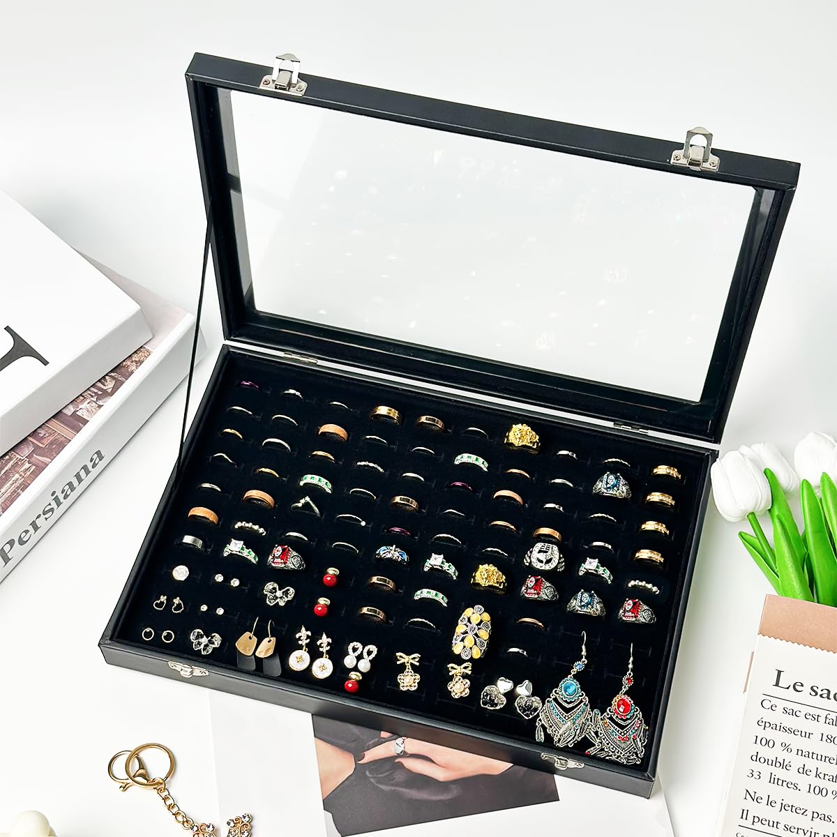 100-Slot Ring Box Organizer - Transparent Lid Jewelry Display Case for Rings & Earrings | Perfect for Wedding, Engagement, Jewelry Store & Home Organization