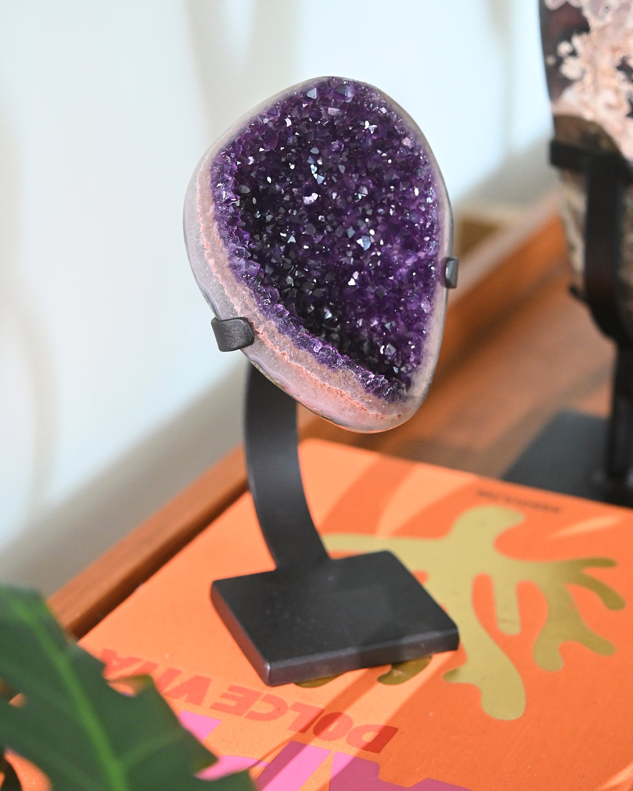 Natural Amethyst Crystal Geode on Wooden Stand - 3.6lbs Healing Stone for Home Decor, Meditation & Spiritual Gifts