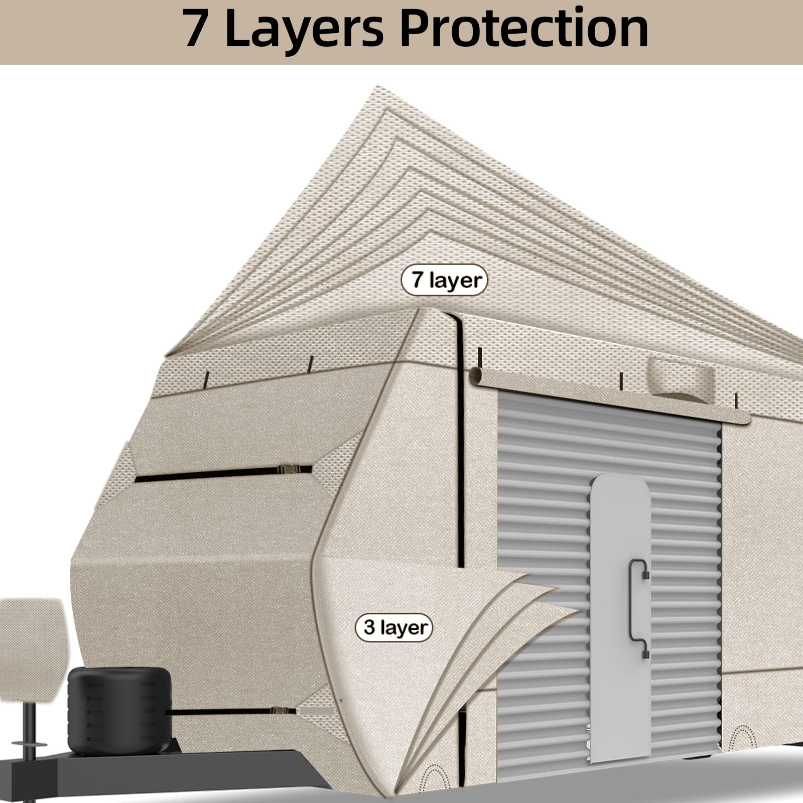 Heavy Duty 28 ft RV Travel Trailer Cover - 7 Layer Windproof, Waterproof, UV Resistant Camper Cover with Adhesive Repair Patches (Beige) - Perfect for Truck Campers 26' to 28' - Ideal for Outdoor Storage & Winter Protection