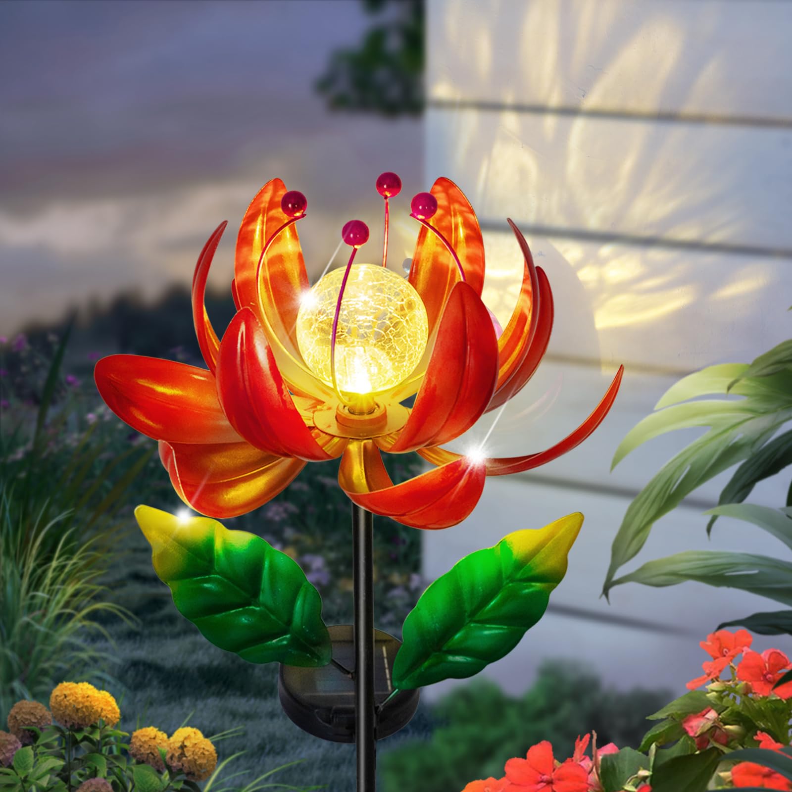 Solar Powered Outdoor Wind Spinner - Metal Lotus Flower Garden Decor with Waterproof LED Crackle Glass Globe for Patio, Lawn & Yard | Perfect for Backyard, Pathway & Landscape Lighting at Night