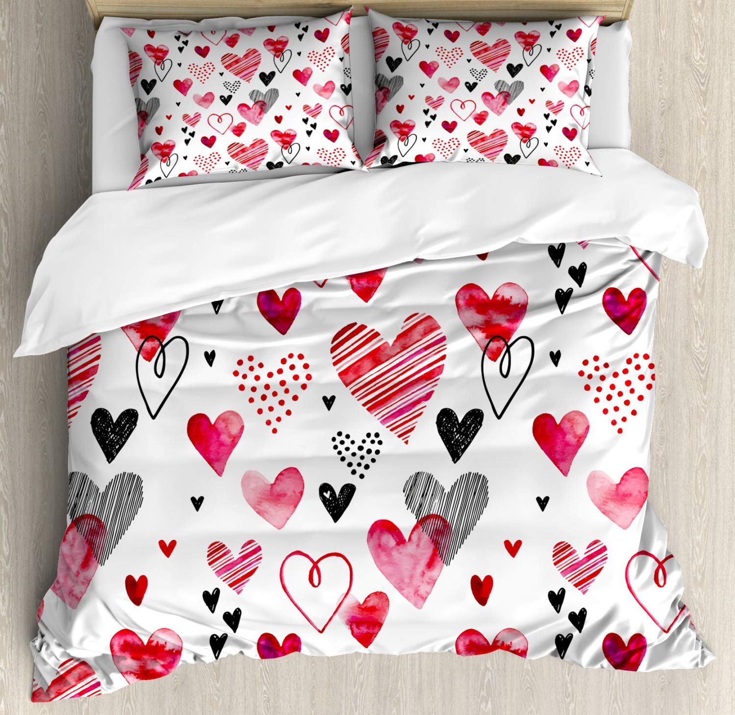 Ambesonne Valentine Duvet Cover Set - Romantic Watercolor Heart Design with Striped Art, 2-Piece Cal King Size (Pink, Black, White) - Includes 2 Duvet Covers & 4 Pillowcases - Perfect for Couples Bedroom Decor, Anniversary Gifts & Valentine's Day Presents