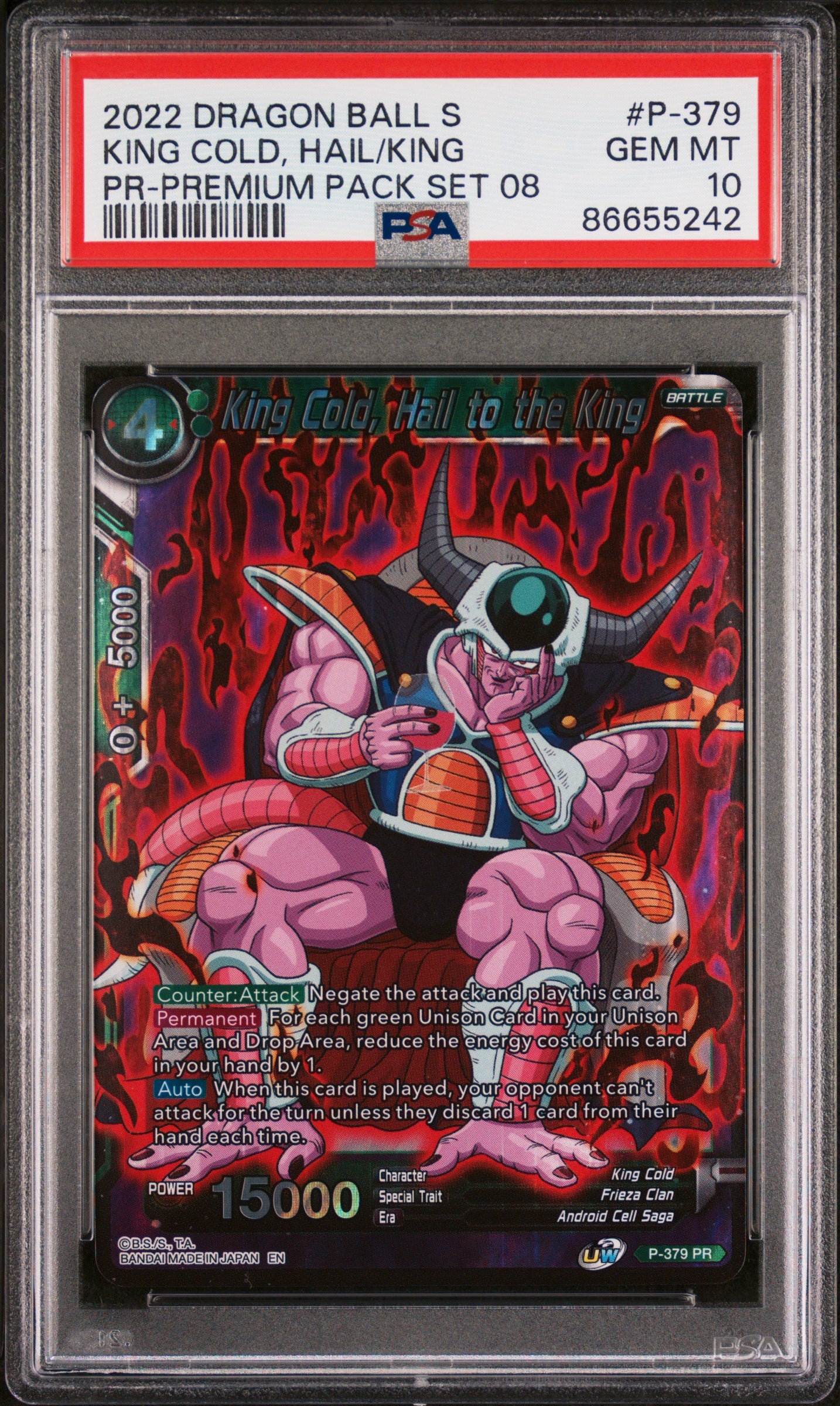 2022 Dragon Ball Super King Cold Hail King #P 379 PSA 10 Graded Trading Card - Perfect for Anime Collectors & Dragon Ball Z Fans - Display in Your Collection or Use in Card Battles