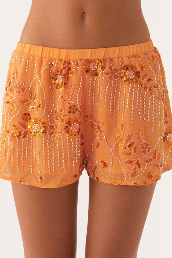 Sparkling Sequin Beaded Low-Rise Elastic Waist Loose Shorts for Women - Perfect for Parties, Festivals & Summer Outfits