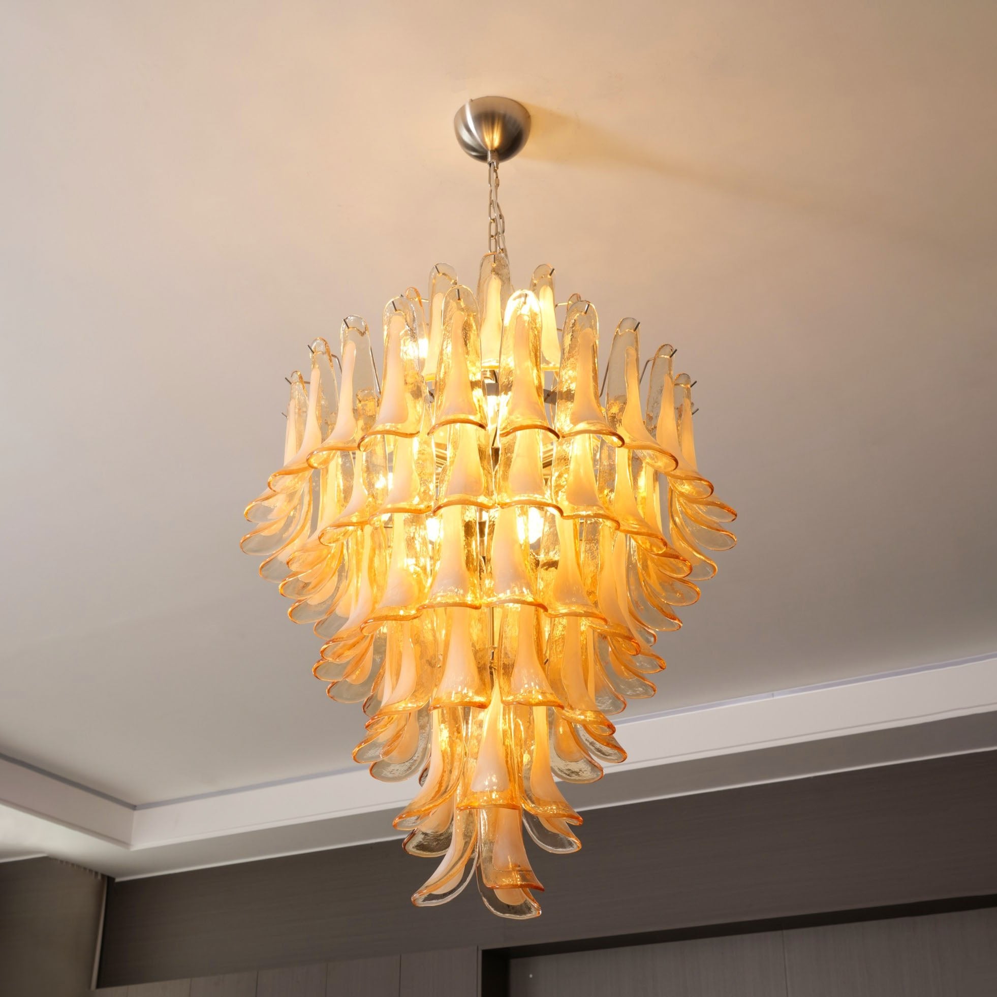 Elegant Amber Cloud Murano Glass Petals Chandelier - Handcrafted Italian Glass Lighting Fixture for Dining Room, Living Room & Bedroom Decor
