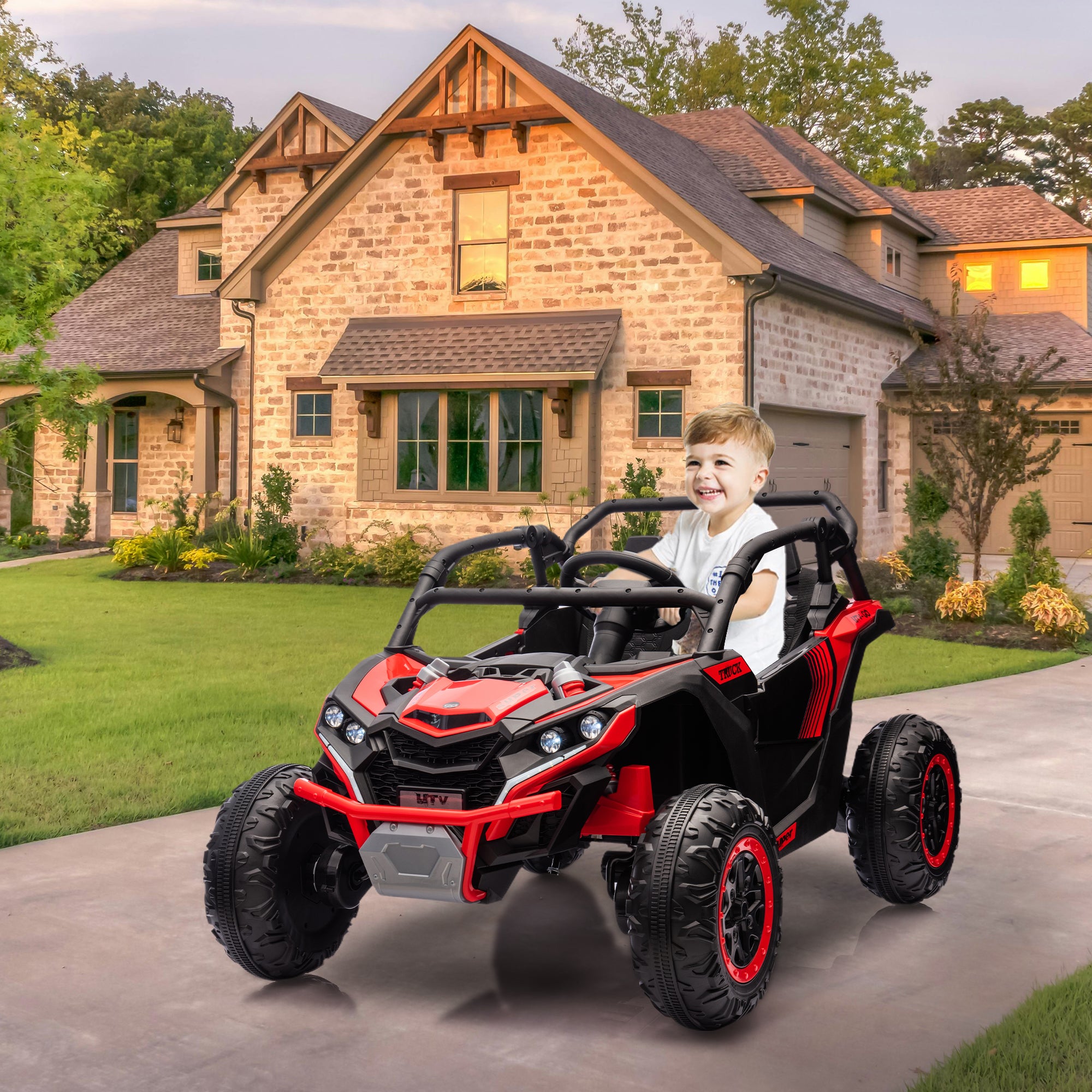 GARVEE 24V Kids Ride On UTV - 2 Seater 4WD Electric Truck with Parent Remote Control, High/Low Speed Modes, LED Lights & Music Player | All-Terrain 4 Wheel Shock Absorption | Perfect for Outdoor Play, Backyard Adventures & Birthday Gifts (Red)