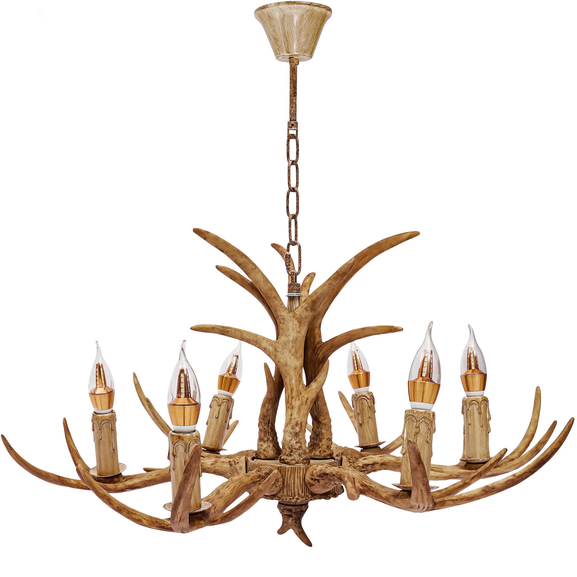 Vintage Antler Chandelier Lighting - 6 Head Resin Deer Horn Chandelier in White, Rustic Country Style for Living Room, Bar, Cafe & Dining Room - Perfect for Cabin Decor, Hunting Lodge & Western Theme Interiors