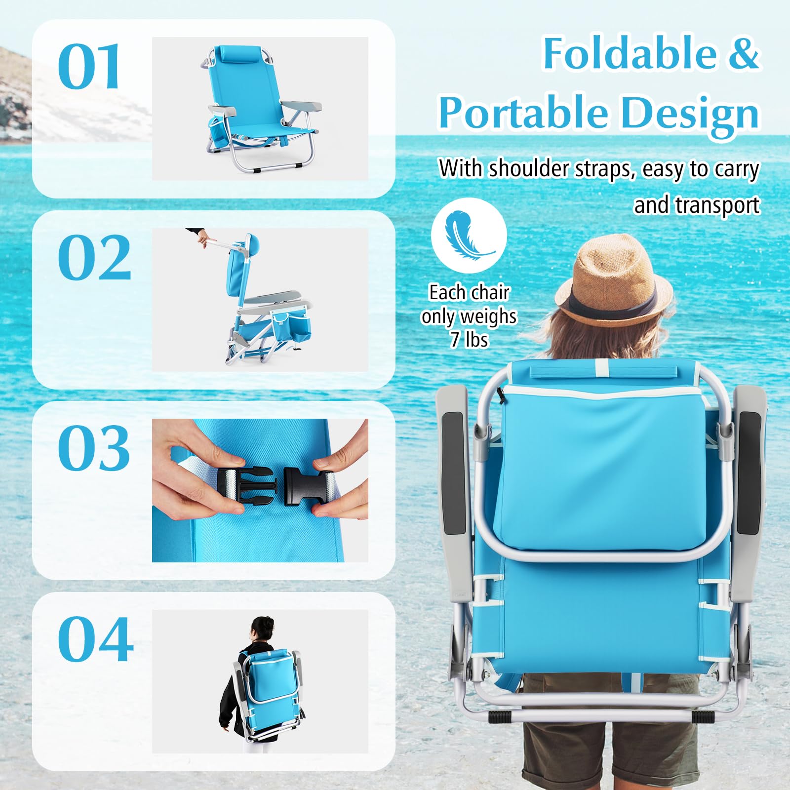 Goplus 2 Pack Heavy Duty Folding Beach Chairs for Adults - 330lbs Capacity, 5-Position Adjustable Backpack Chairs with Storage Pockets, Towel Bar & Headrest - Portable Aluminum Frame Lay Flat Camping Chairs for Beach, Poolside, Backyard, Picnic & Outdoor Relaxation