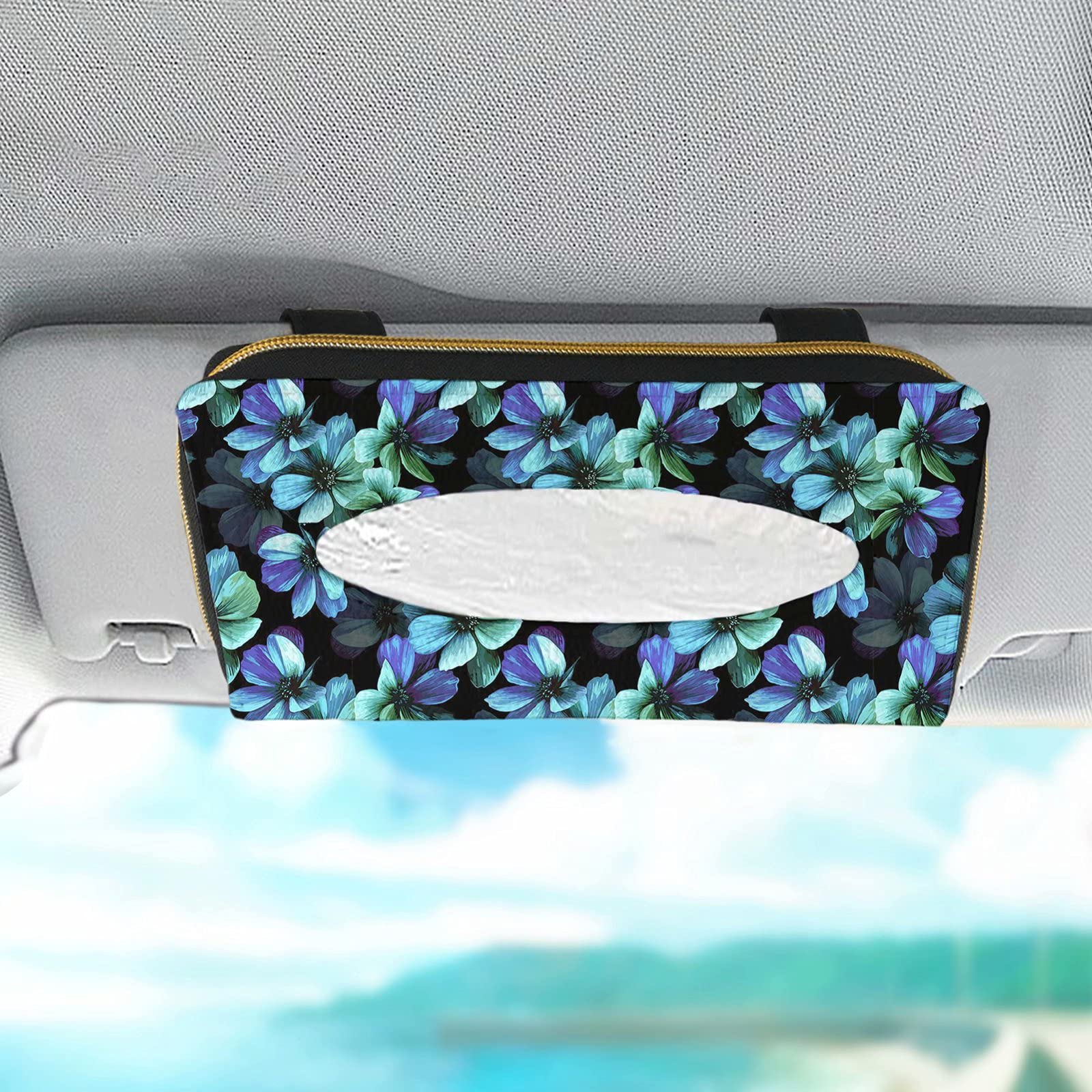 BIGCARJOB Blue Floral Printed Car Tissue Holder – Hanging PU Leather Visor Tissue Box for SUV, Auto & Vehicle – Perfect for Backseat, Travel & Road Trips