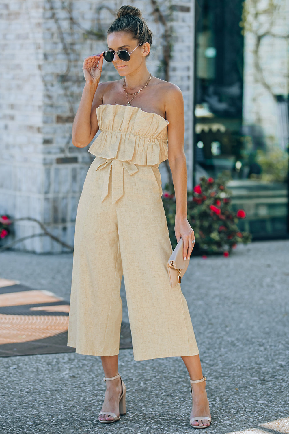 Beige Ruffled Strapless Wide Leg Jumpsuit for Women - Summer Resort Outfit, Beach Vacation Romper, Boho Chic One Piece Jumpsuit for Pool Party & Tropical Getaway