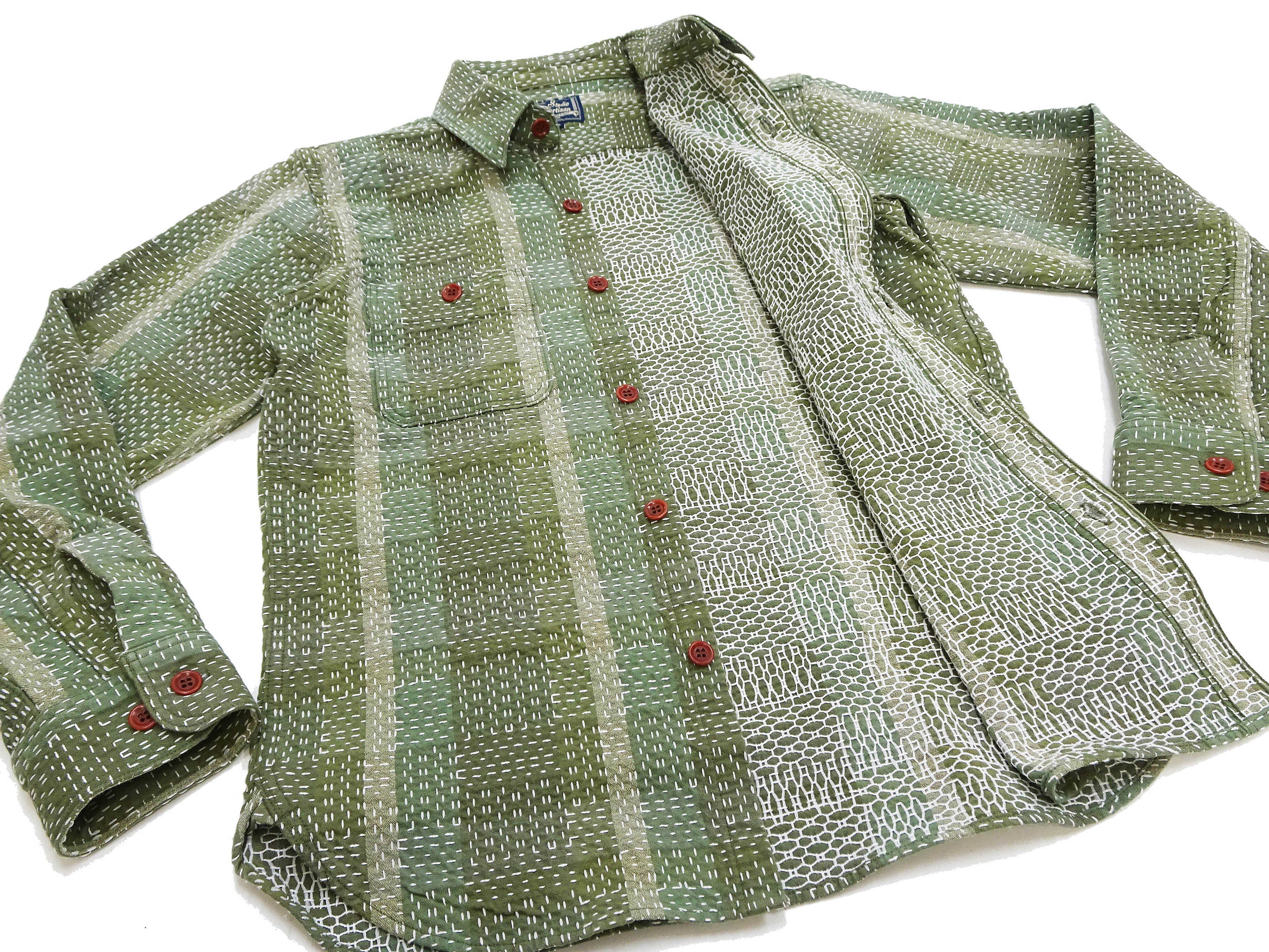 Studio D'Artisan Sashiko Work Shirt for Men - Boro Noragi Long Sleeve Casual Shirt (SDA 5651/5651R, Green) - Perfect for Workwear, Street Style & Japanese Fashion Enthusiasts