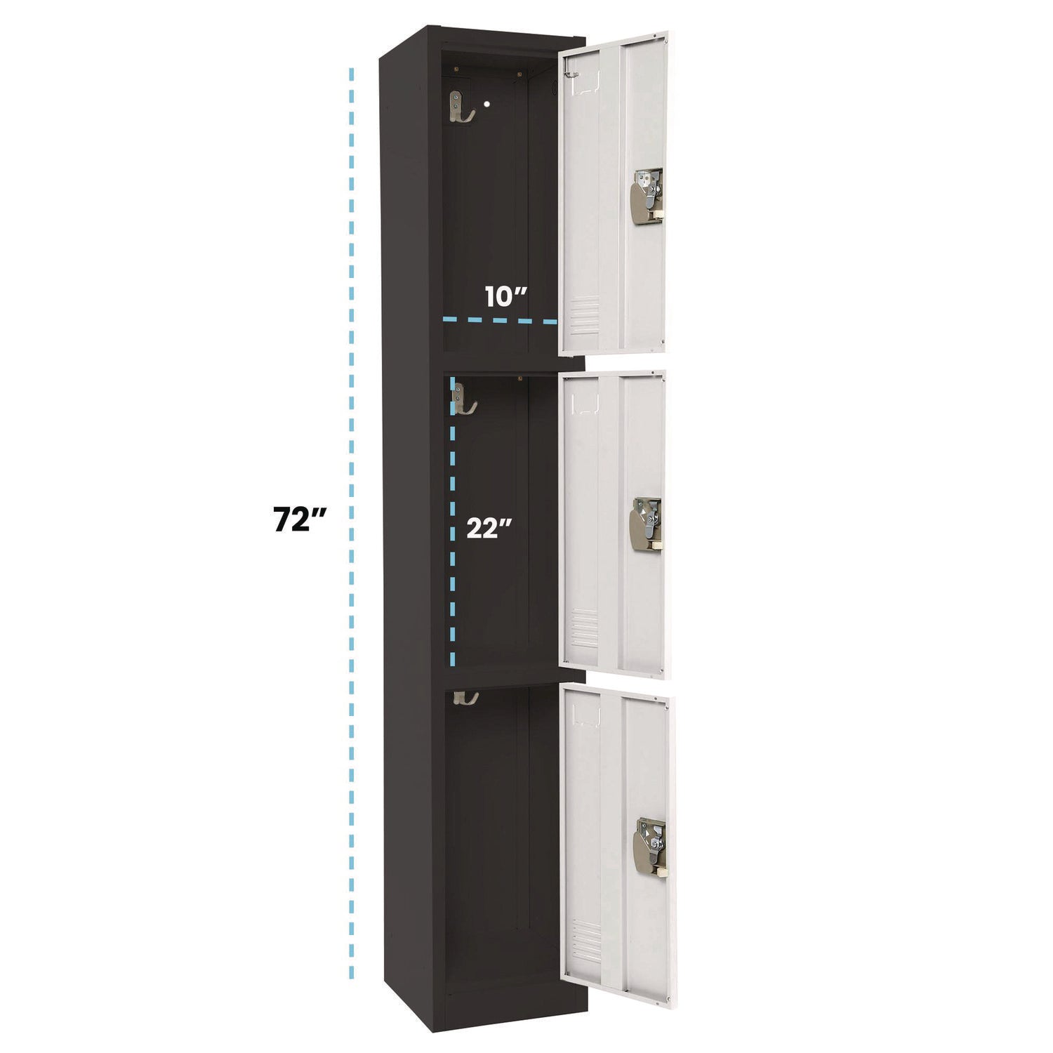 Steel Storage Locker with 3 Compartments - 12 x 12 x 72 Inches, Black Body & White Doors - Heavy-Duty School, Gym, or Office Locker for Secure Storage