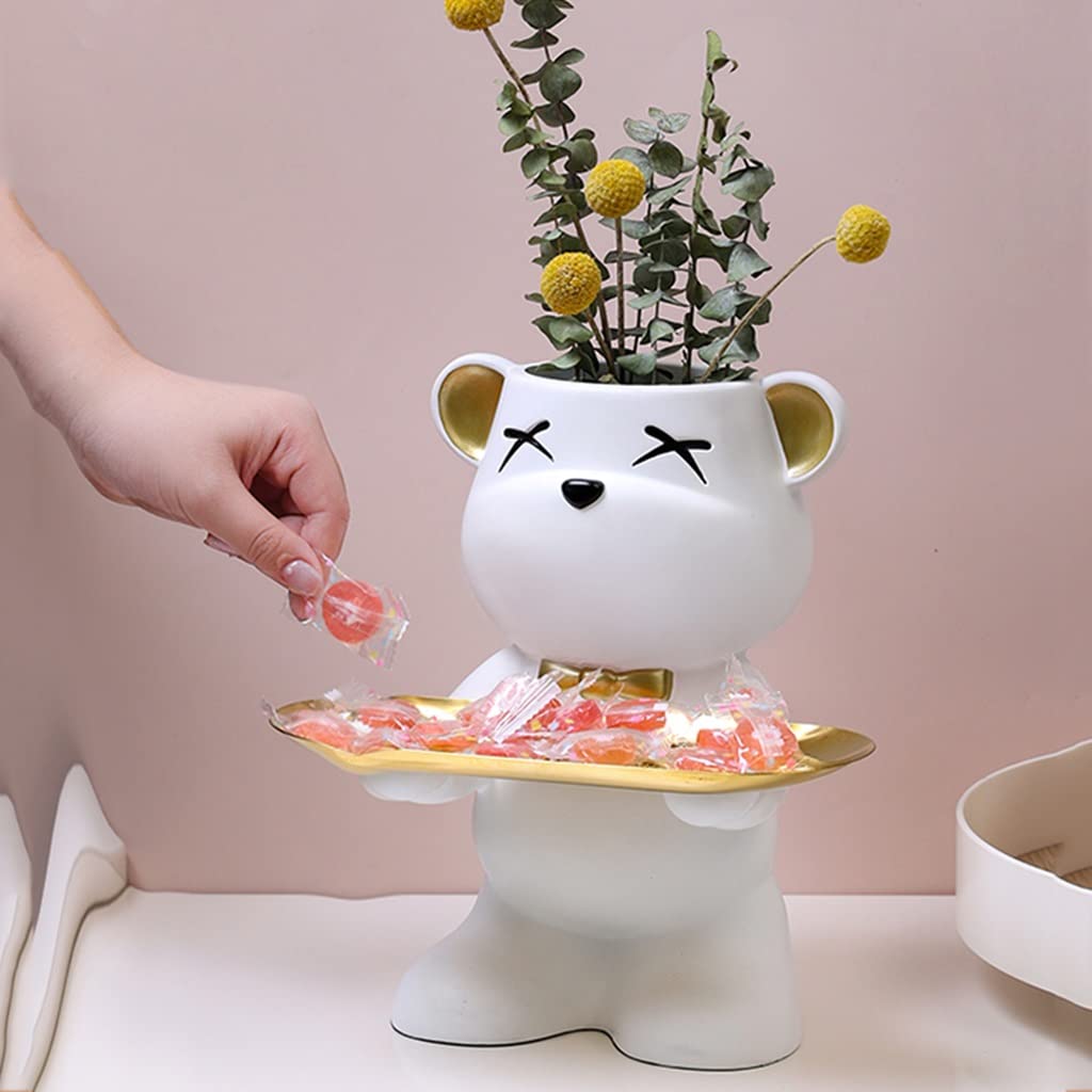 Cute Bear Figurine Vase - Resin Animal Sculpture Key & Jewelry Holder, Candy Dish Tray for Home Decor - Perfect for Living Room, Bedroom, Entryway or Desk (White)
