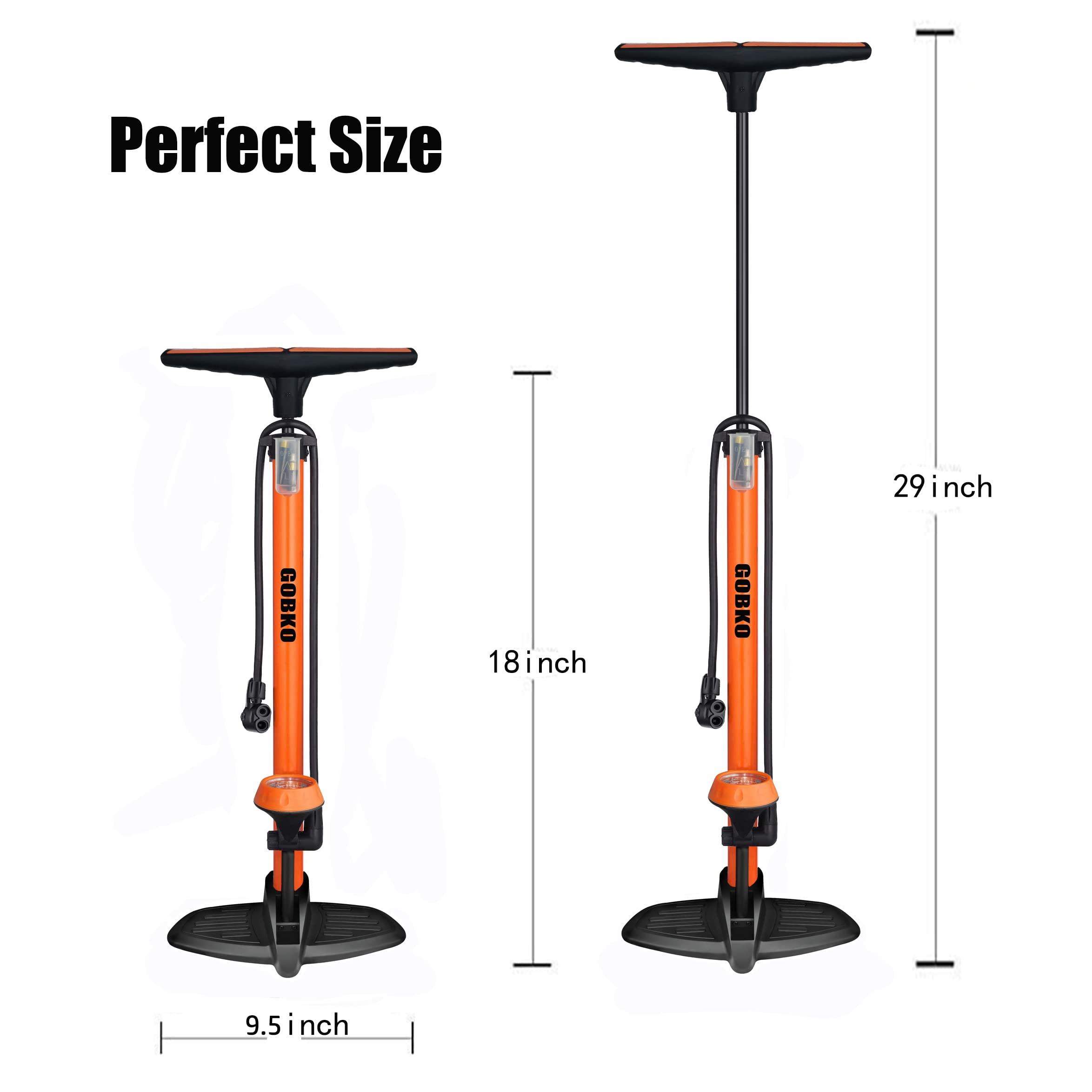 GOBKO High Pressure Bike Pump with Gauge - 160PSI/11BAR Portable Bicycle Floor Pump for Presta & Schrader Valves - Tire Inflator for Road Bikes, MTB, Cars & Sports Balls - Perfect for Cycling, Commuting & Outdoor Adventures