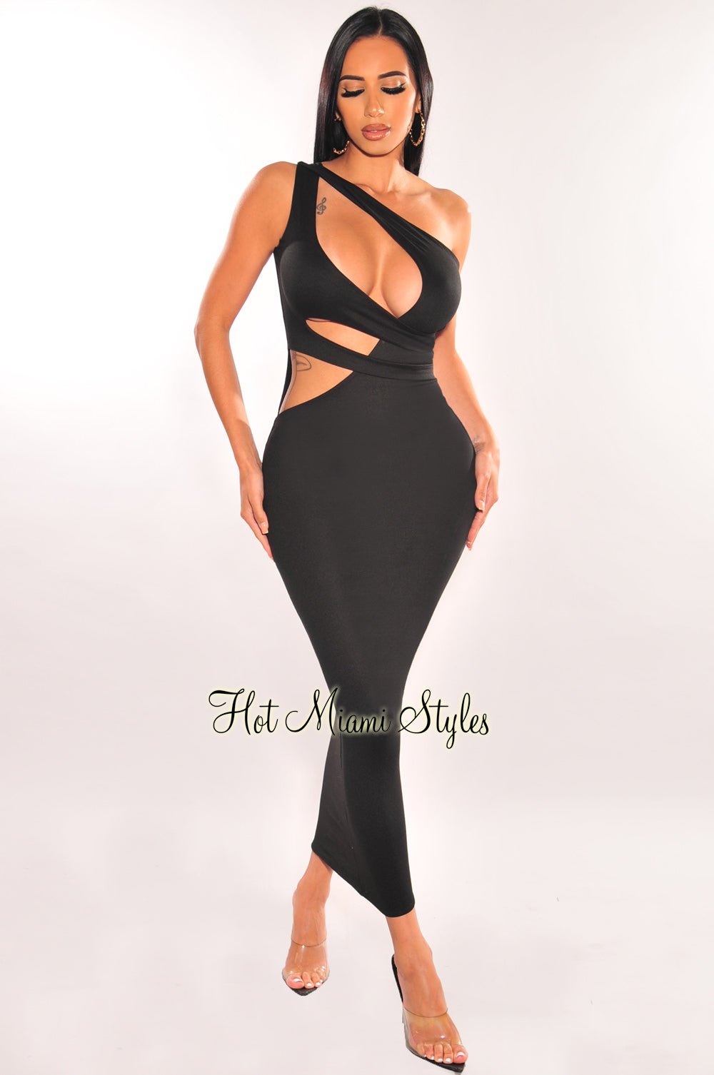 Elegant Black One Shoulder Cut Out Midi Dress for Women - Sexy Party & Evening Cocktail Dress - Perfect for Date Night, Club Wear, and Special Occasions