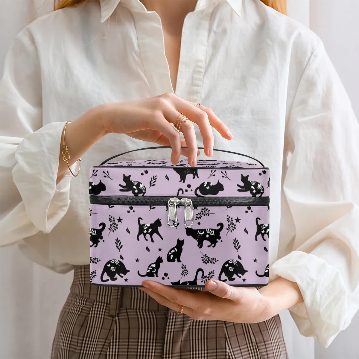 Portable Makeup Travel Bag Organizer for Women - Large Capacity Lightweight Cosmetic Storage Case with Handle, Toiletry & Brush Zipper Bag - Perfect for Travel, Gym, and Daily Use - Cat Magic Design