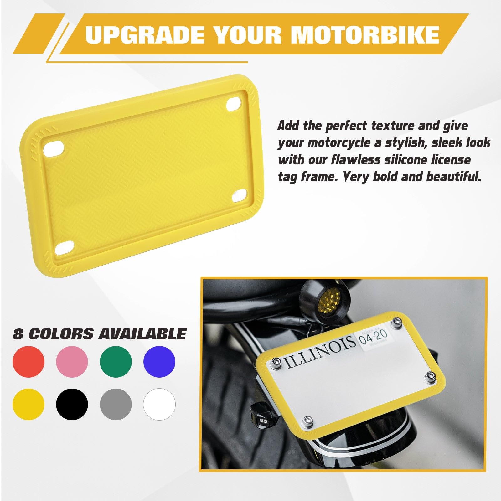 Xotic Tech Motorcycle Silicone License Plate Frame - Durable, Rust Proof, Rattle Proof & Weather Resistant Motorbike Plate Holder (Yellow, 7.56