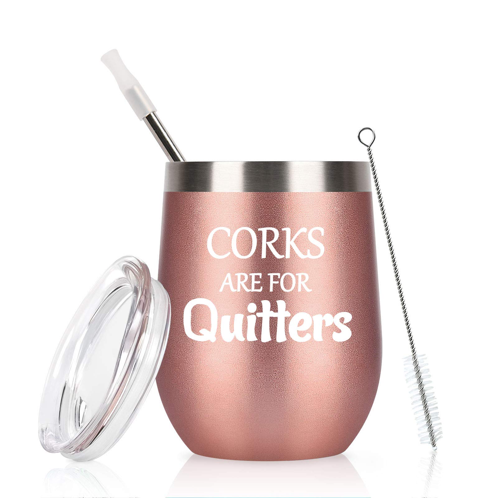 Stainless Steel Wine Tumbler with Lid - 12oz Rose Gold Insulated Stemless Cup for Women | Unique Birthday & Christmas Gift for Wine Lovers | Perfect for Parties, Picnics & Home Entertaining