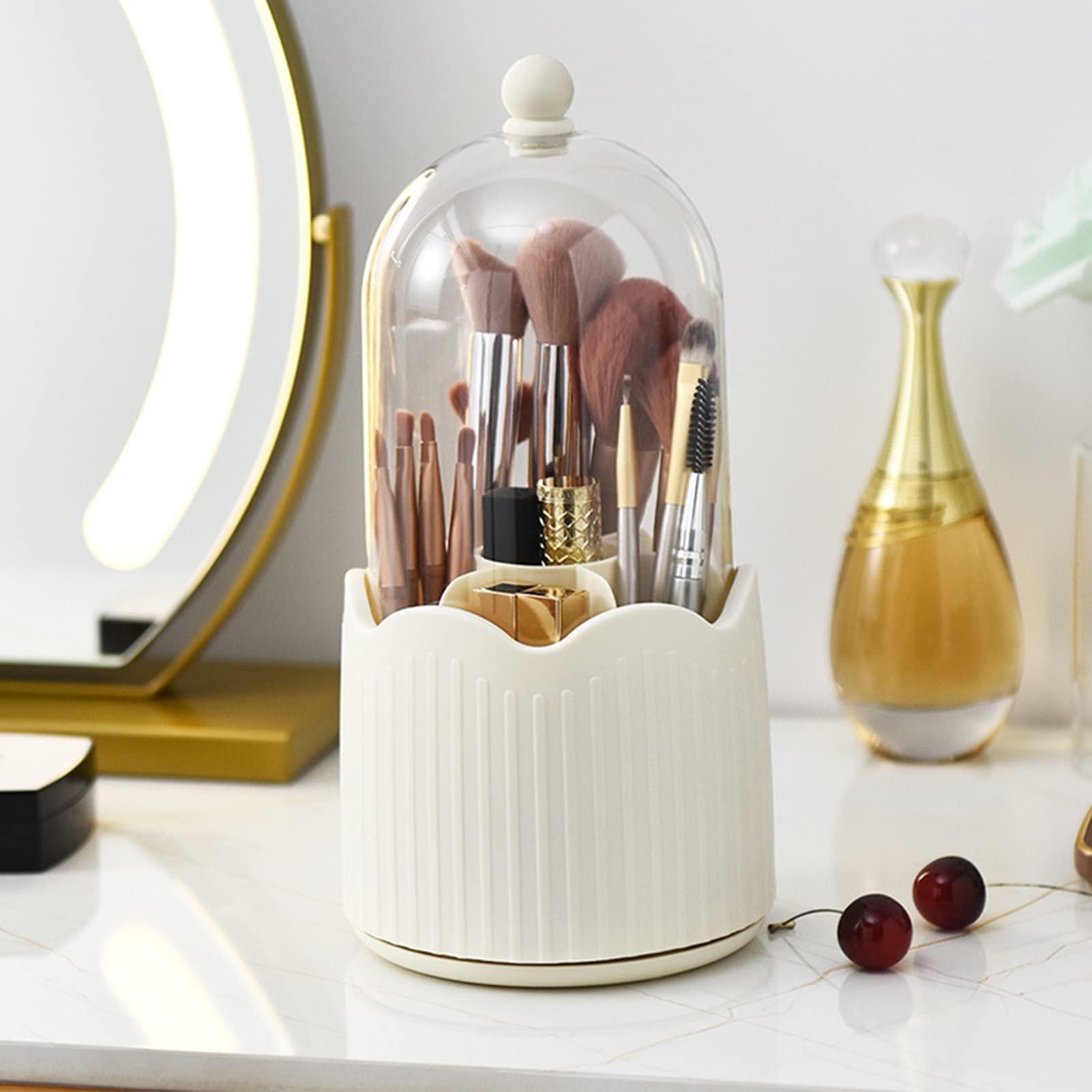 Rotatable Brush Storage Box - Transparent Large Capacity Dustproof Makeup Brush Organizer for Comb & Cosmetics Tools | Perfect for Vanity, Travel & Salon Use (Yellow)