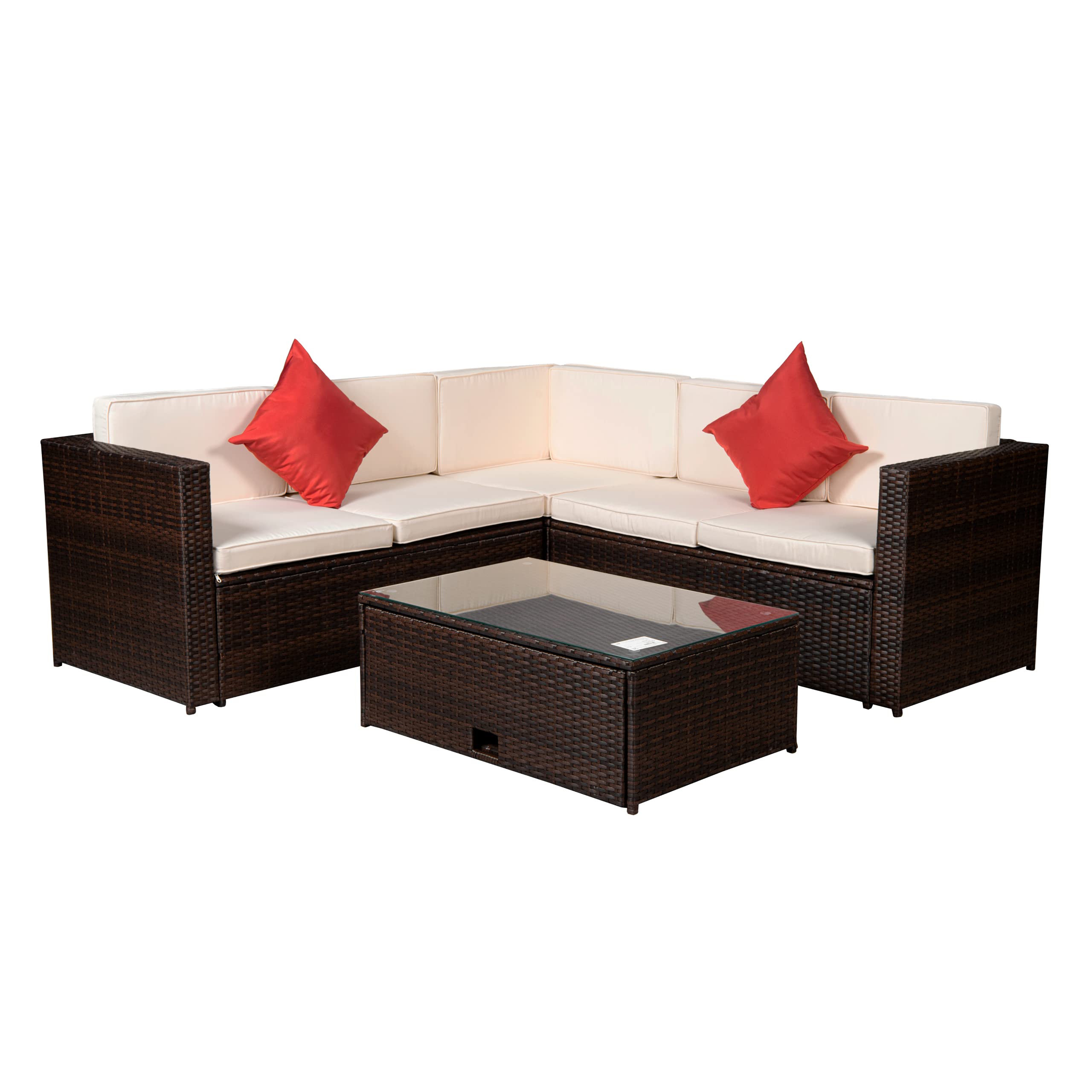 Outdoor 4-Piece PE Rattan Sectional Sofa Set with Beige Cushions & Coffee Table - Brown Wicker Patio Furniture for Garden, Backyard, and Poolside Relaxation