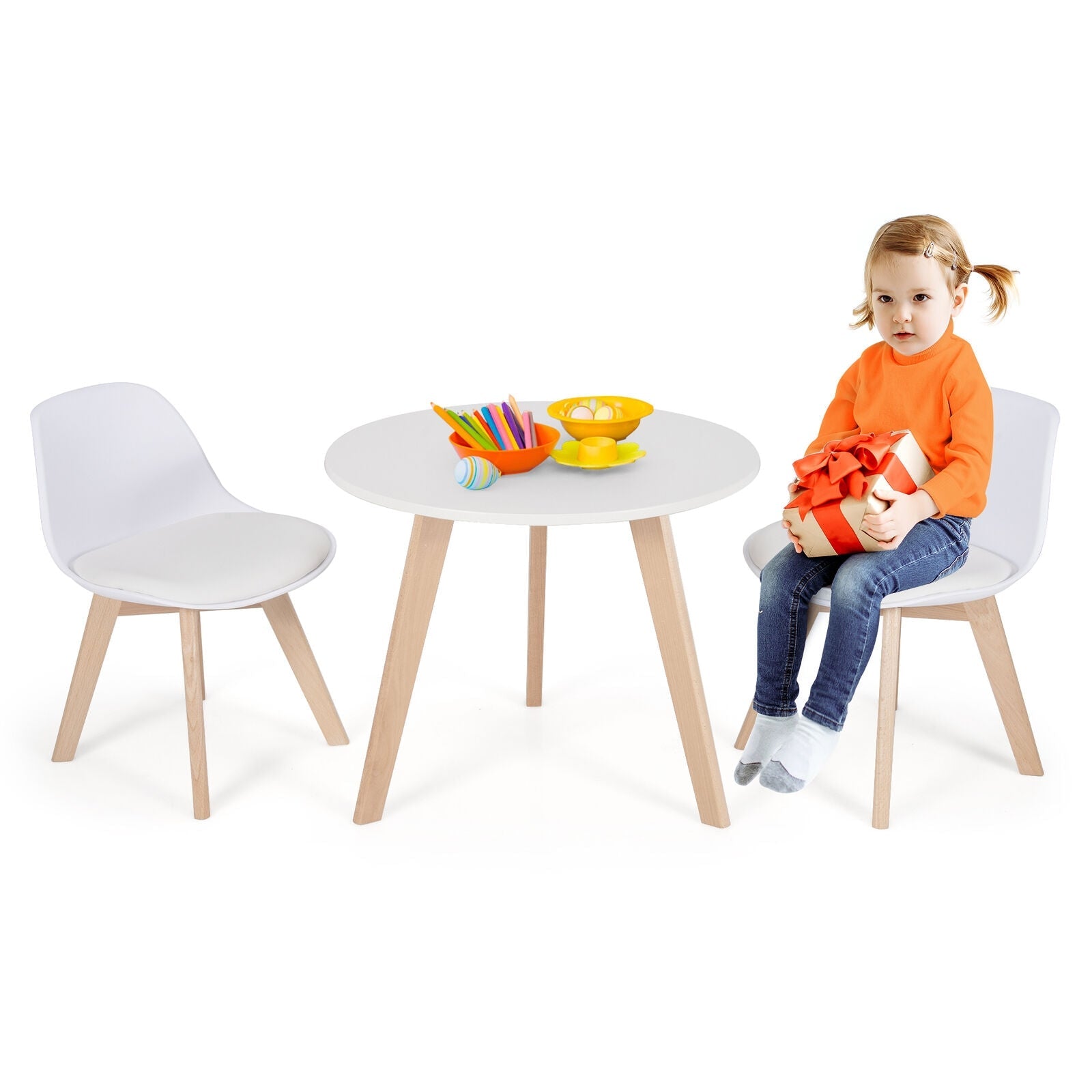Modern Kids Activity Play Table and 2 Chairs Set - Beech Wood Legs with Cushion, White - Perfect for Toddler Arts & Crafts, Snack Time, and Learning Activities
