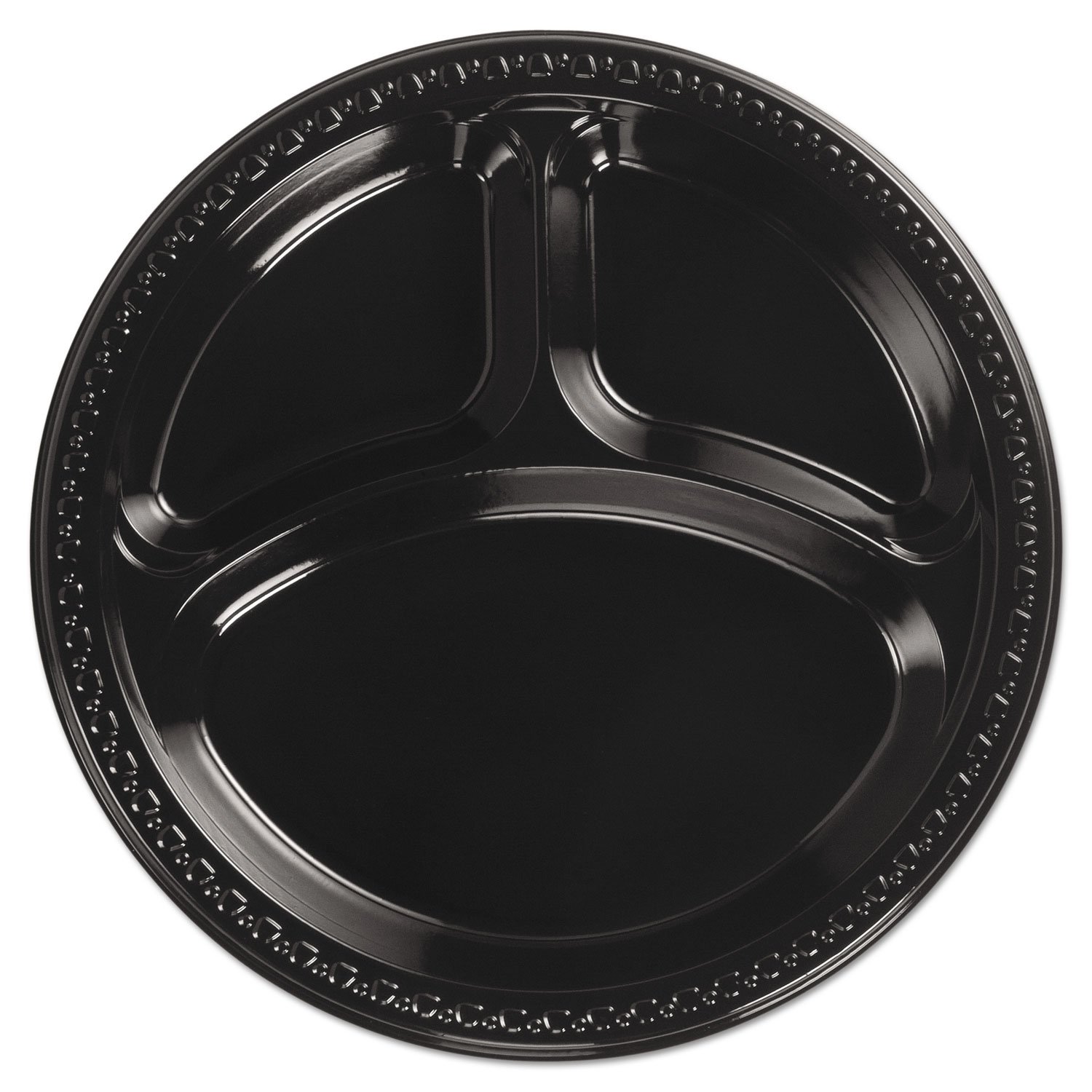 Chinet 81430 Heavyweight Plastic 3-Compartment Plates - 10.25 Inch Diameter, Black, 125 Plates per Pack (4 Packs per Case) - Ideal for Catering, Parties & School Cafeterias